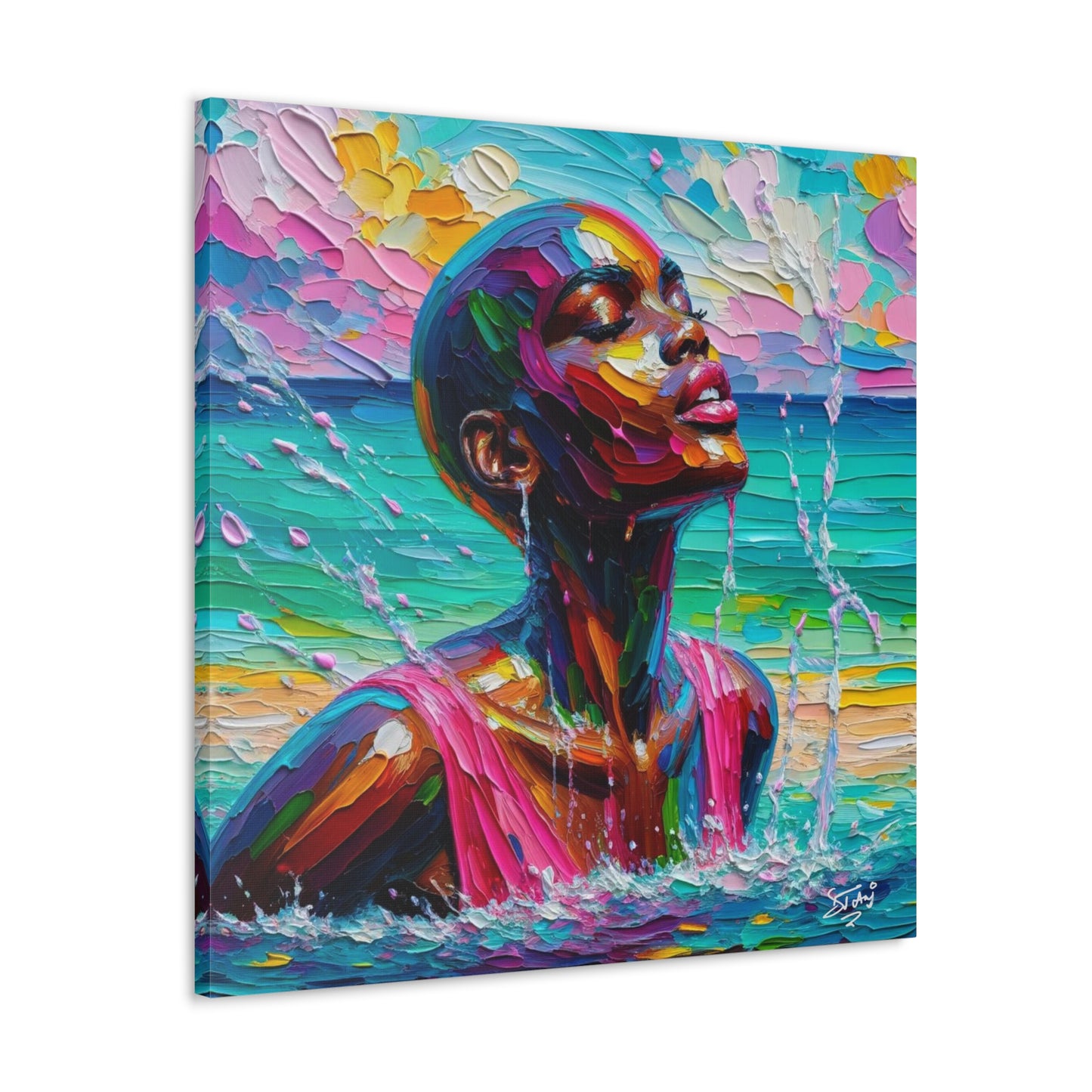 Art Print, Afro-Caribbean Woman, "Sea Bath" Abstract, Oil Finish, West Indian Ethnicity, Cultural, Heritage, Abstract, Canvas Gallery Wrap