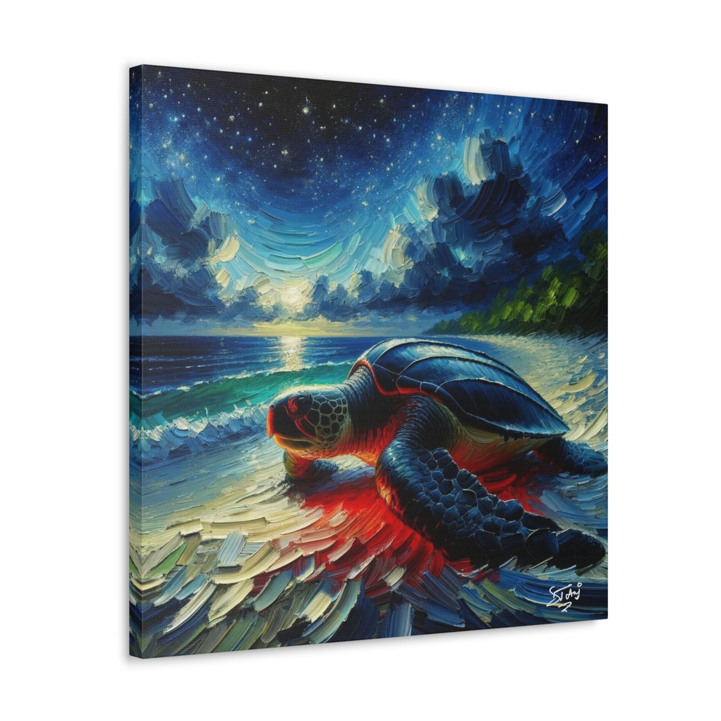 Art Print, Turtle at Night, Caribbean Wildlife, Oil Finish, Caribbean Nature, Culture, Heritage, Canvas Gallery Wrap