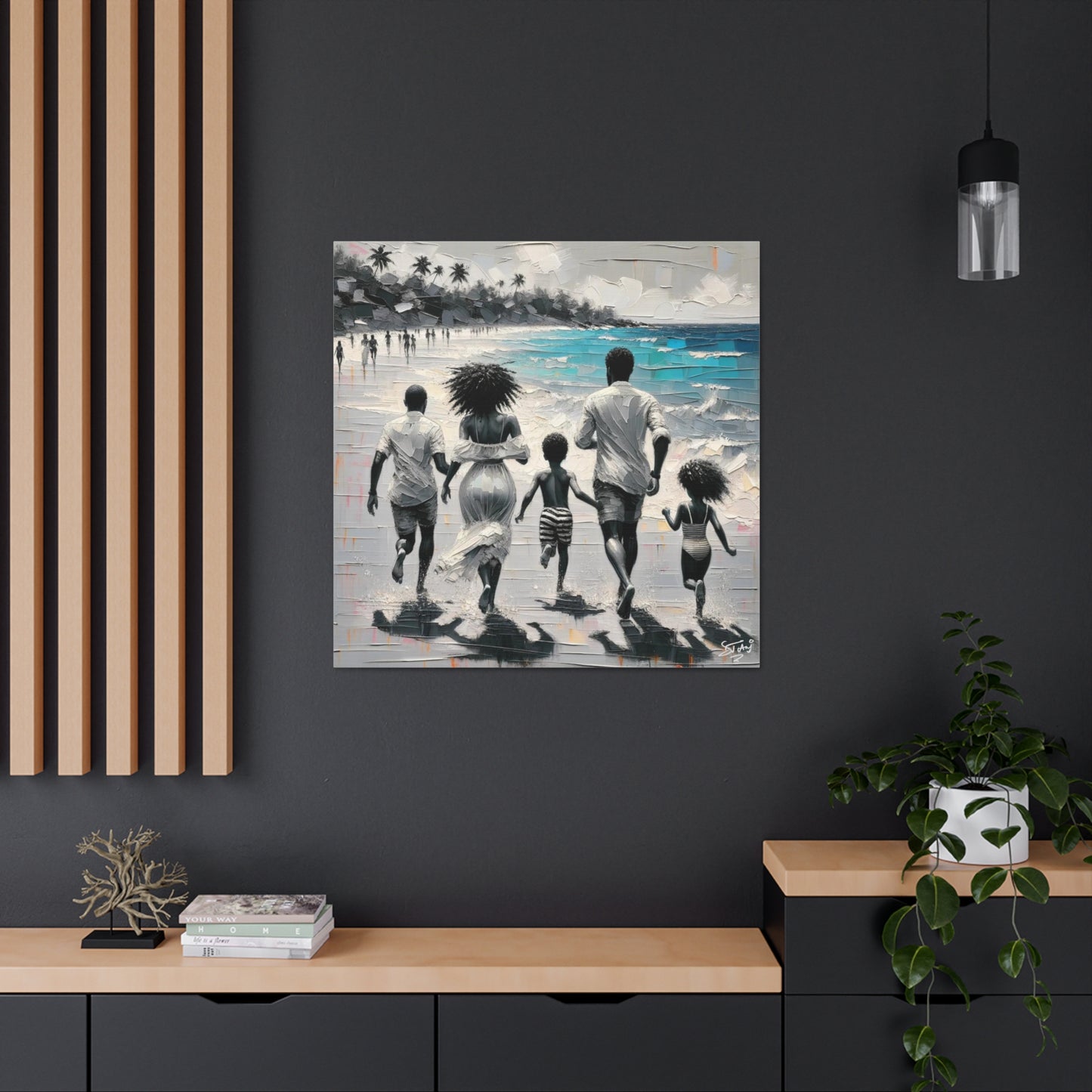 Art Print, Afro-Caribbean Family on the Beach, Oil Finish, West Indian Ethnicity, Cultural, Heritage, Semi-Abstract, Canvas Gallery Wrap