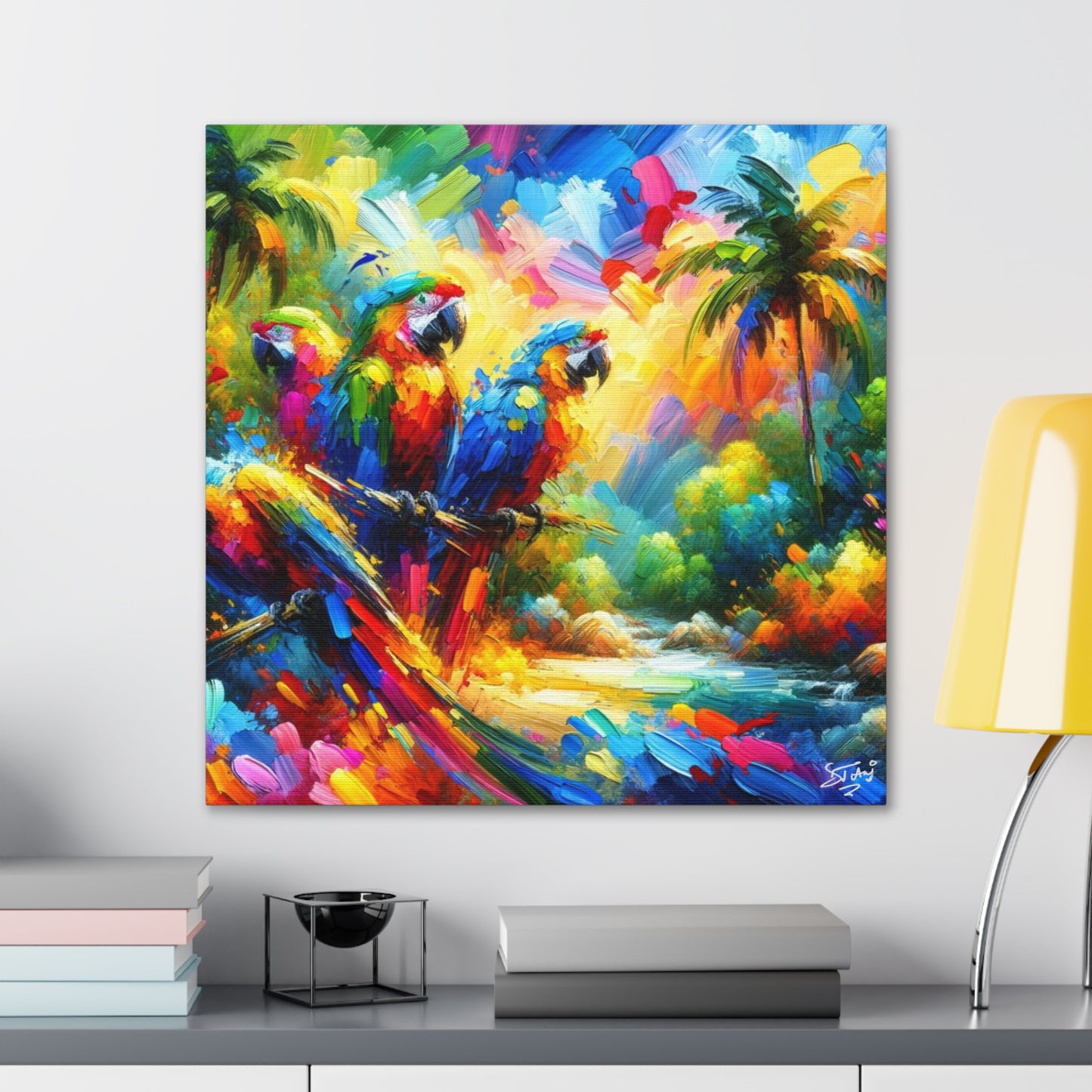 Art Print, The Parrots, Oil Finish, Caribbean Nature, Cultural, Heritage, Semi-Abstract, Canvas Gallery Wrap