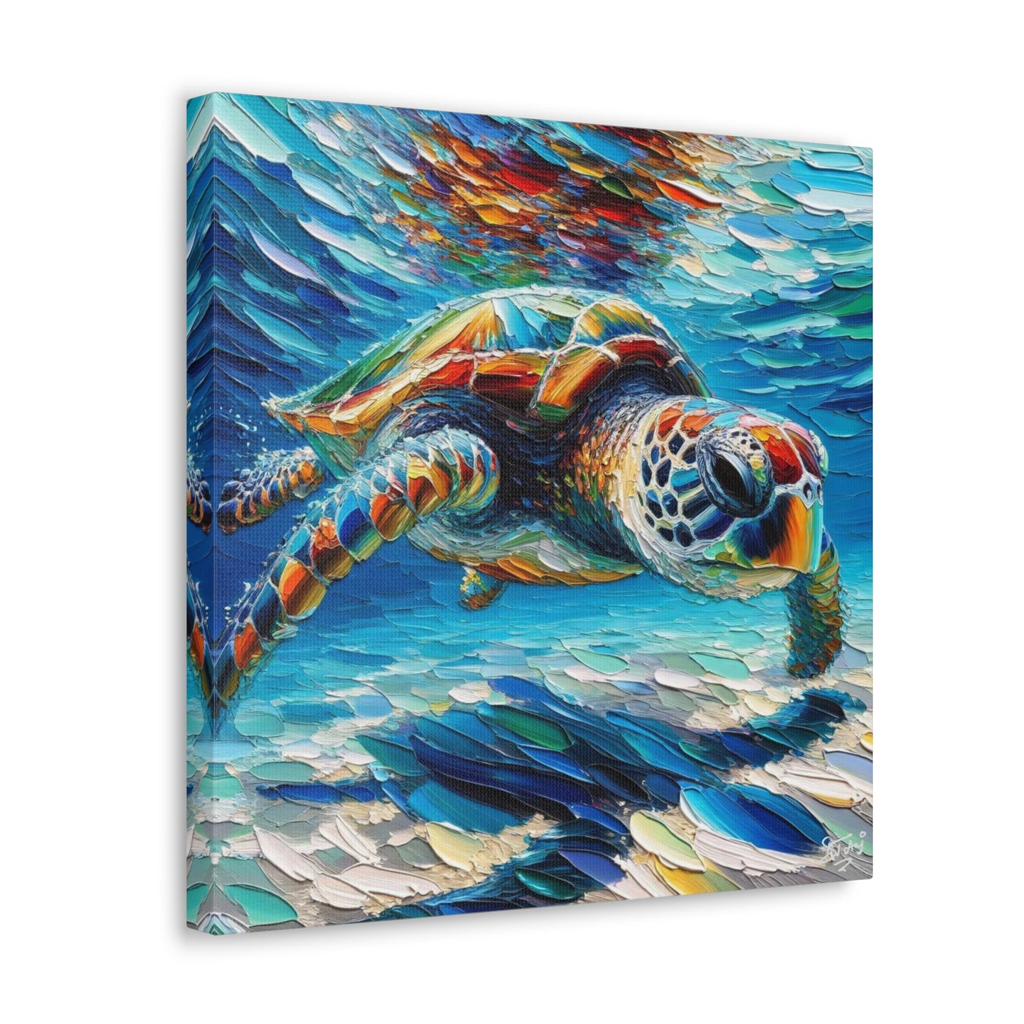 Art Print, Turtle in Reef, Oil Finish, Caribbean Nature, Cultural, Heritage, Semi-Abstract, Canvas Gallery Wrap