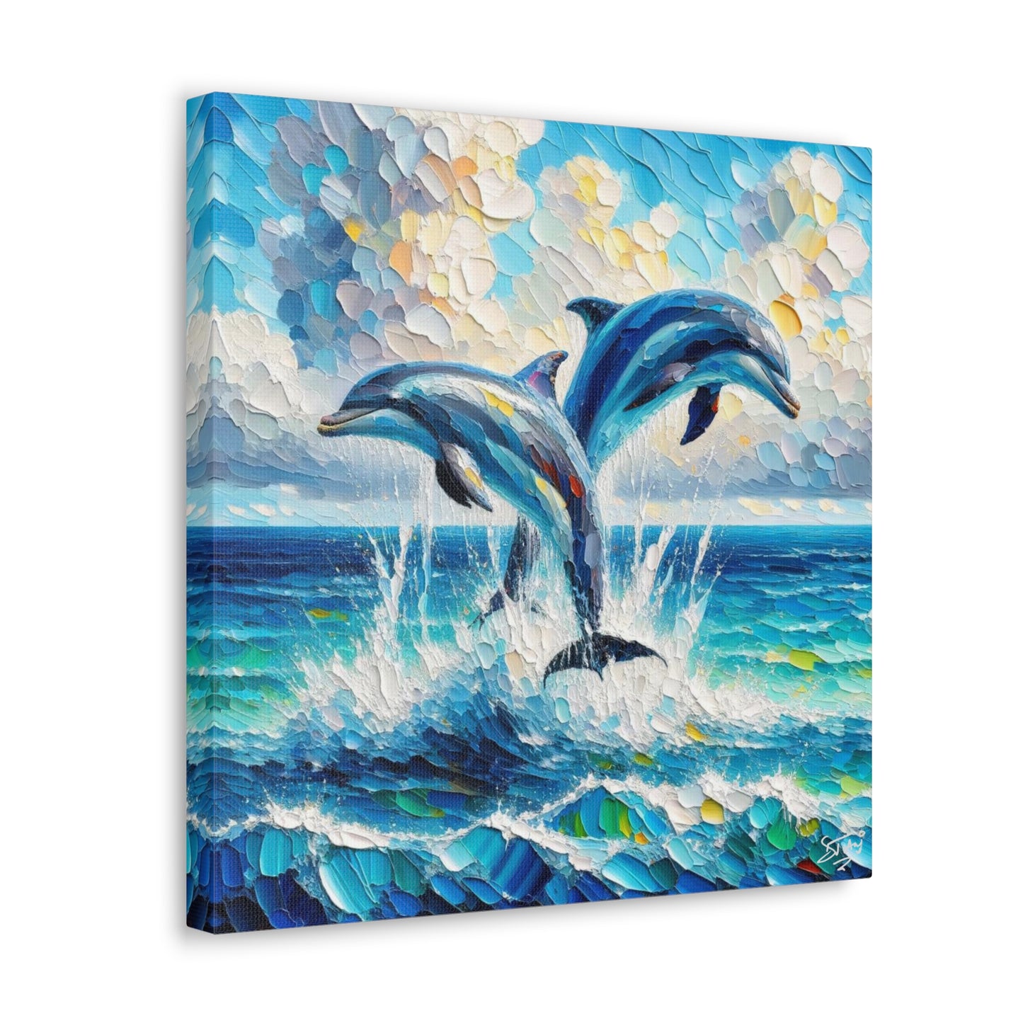 Art Print, Two Dolphins, Oil Finish, Caribbean Nature, Canvas Gallery Wrap