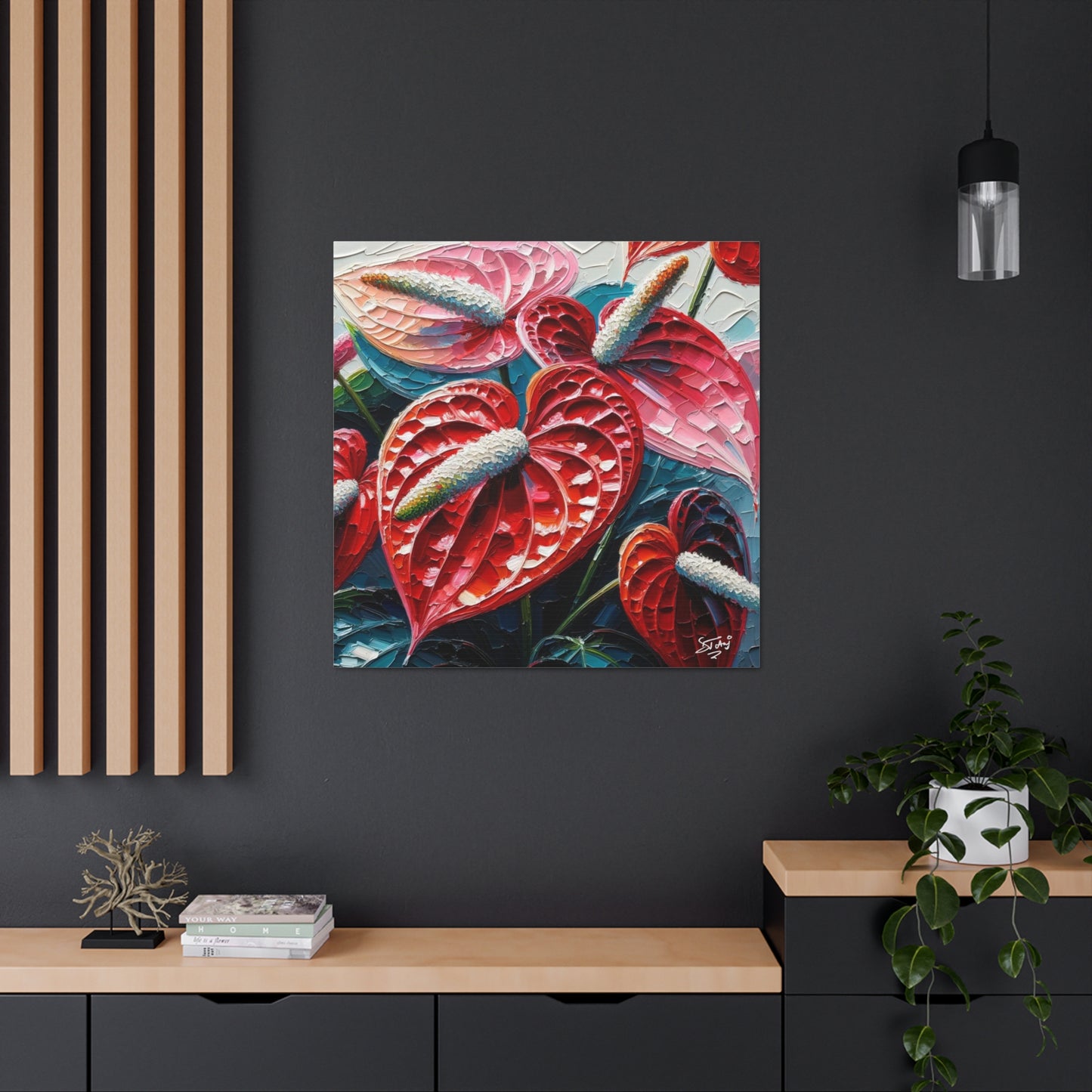 Art Print of Anthurium Flowers, Oil Finish, West Indian Art, Canvas Gallery Wraps