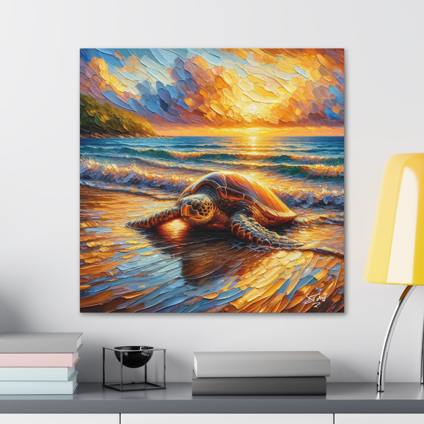 Art Print, Turtle at Sunset, Caribbean Wildlife, Oil Finish, Caribbean Nature, Culture, Heritage, Canvas Gallery Wrap