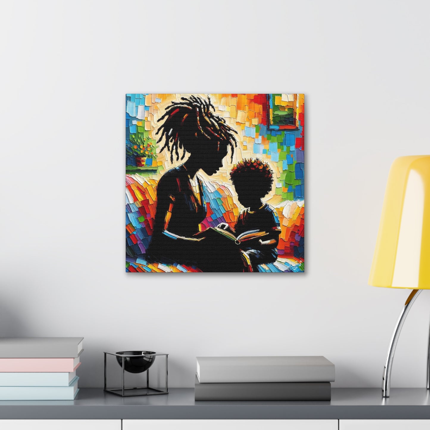 Art Print, Afro-Caribbean Mother & Son (3), Oil Finish, West Indian Ethnicity, Cultural, Heritage, Semi-Abstract, Canvas Gallery Wrap