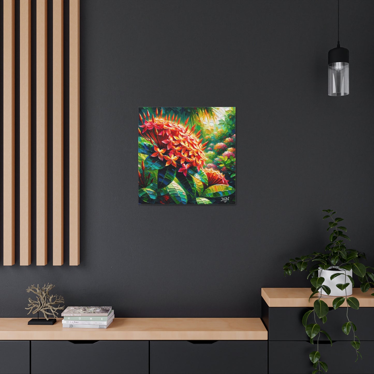 Art Print of Ixora Flowers, Oil Finish, West Indian Art, Canvas Gallery Wraps