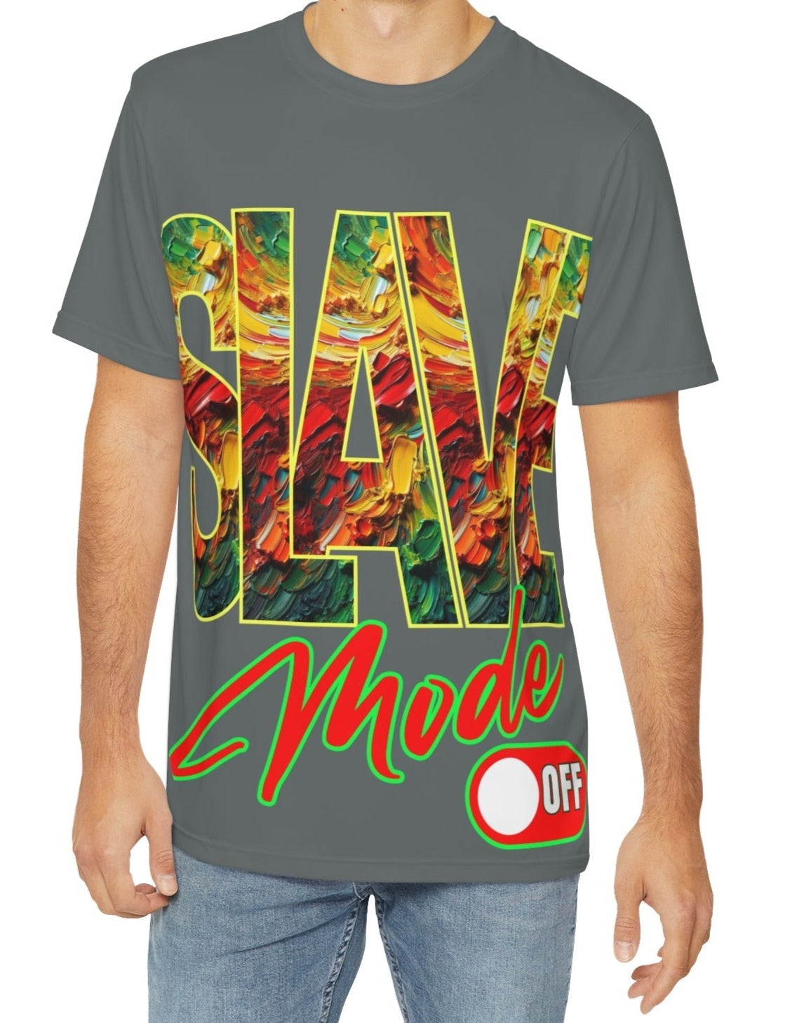 Men's Brushed Polyester Short Sleeve Tee (AOP), "SLAVE Mode Off"