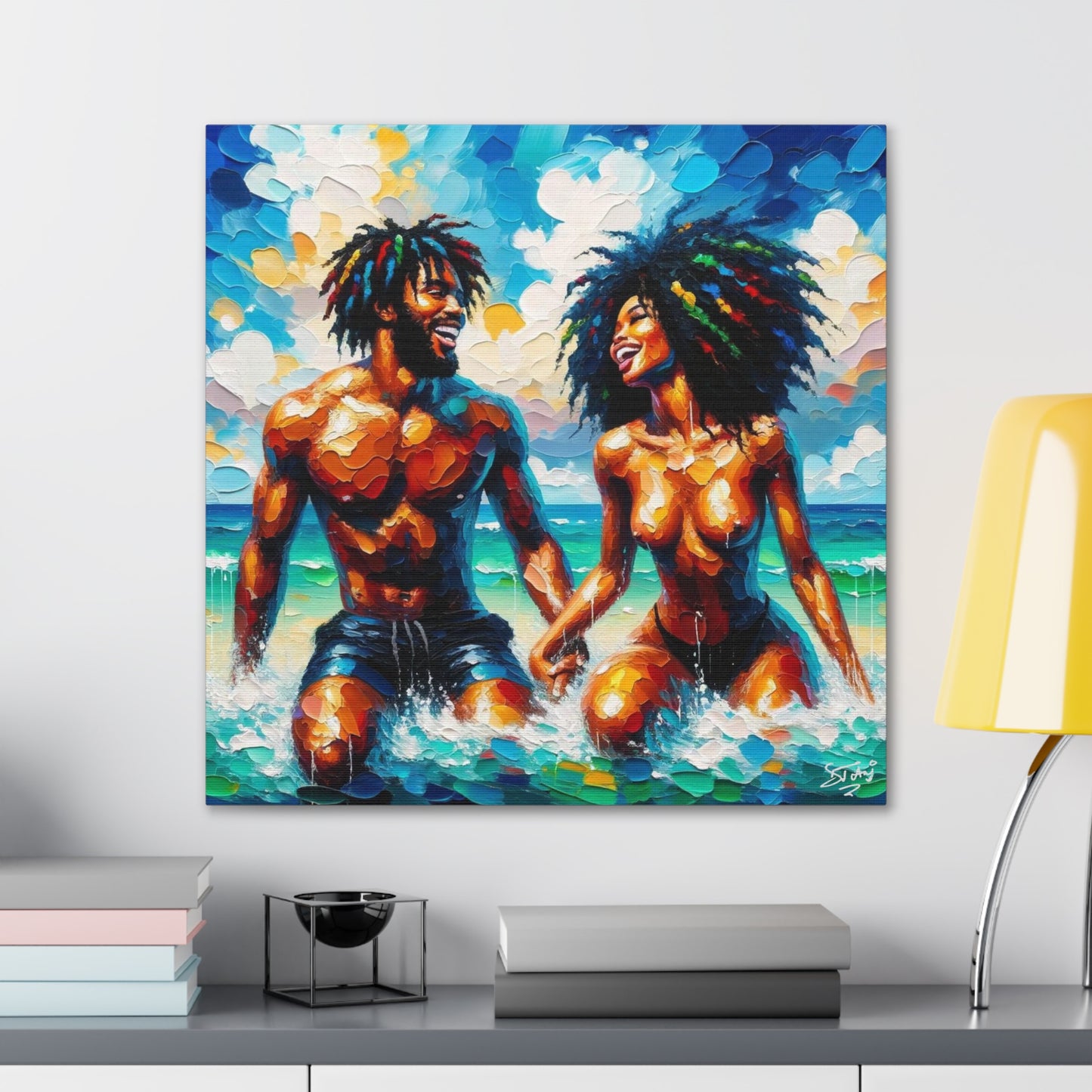 Art Print, Afro-Caribbean Couple in the Ocean, Oil Finish, West Indian Ethnicity, Cultural, Heritage, Semi-Abstract, Canvas Gallery Wrap