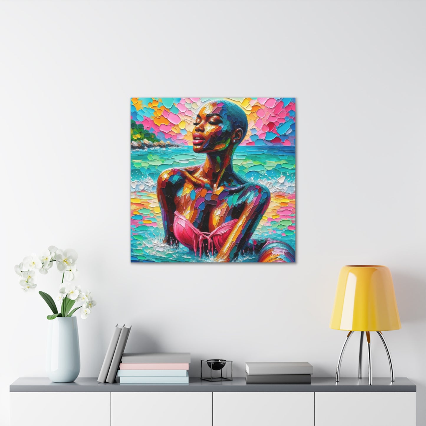 Art Print, Afro-Caribbean Woman, "Sea Bath" Abstract, Oil Finish, West Indian Ethnicity, Cultural, Heritage, Abstract, Canvas Gallery Wrap