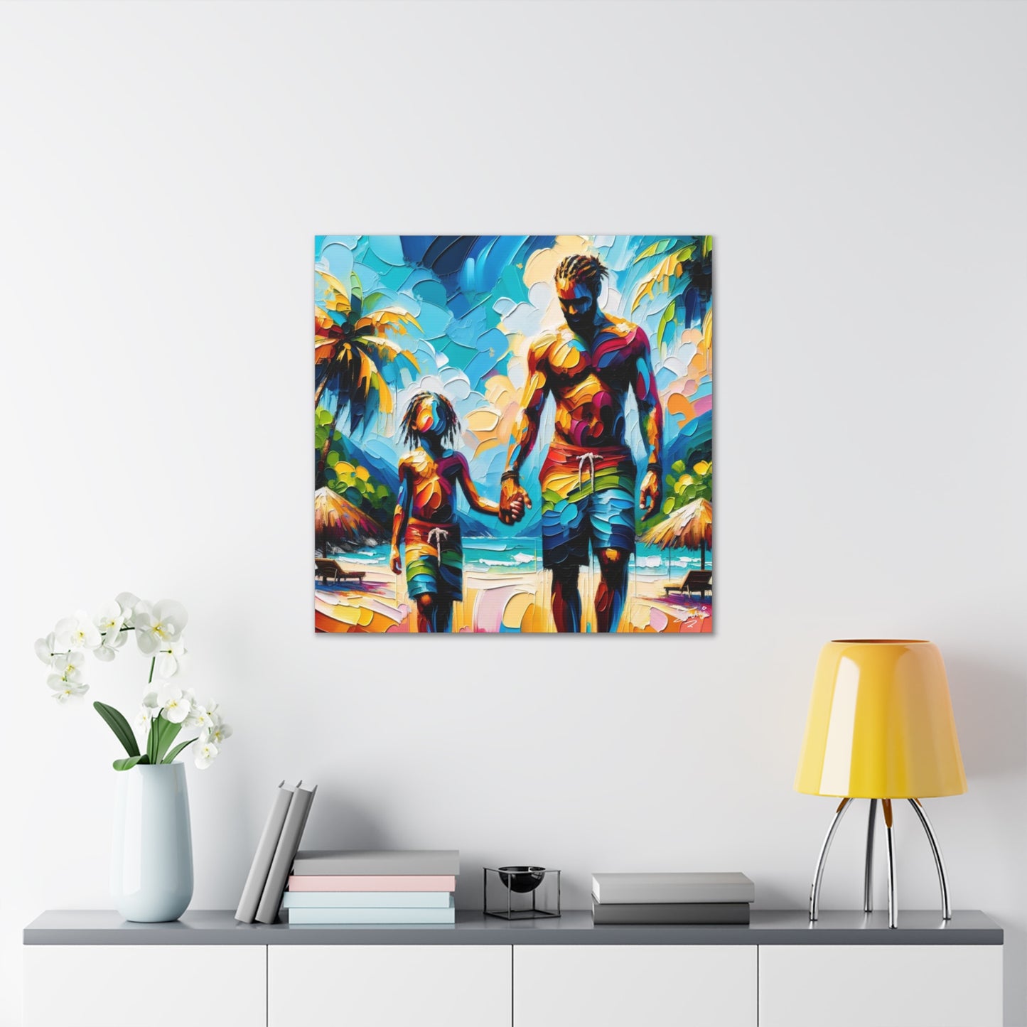 Art Print, Afro-Caribbean Father & Son, Oil Finish, West Indian Ethnicity, Cultural, Heritage, Semi-Abstract, Canvas Gallery Wrap