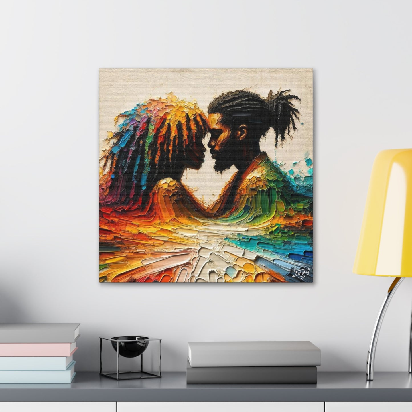 Art Print, Afro-Caribbean Couple in Love (2), Oil Finish, West Indian Ethnicity, Cultural, Heritage, Semi-Abstract, Canvas Gallery Wrap