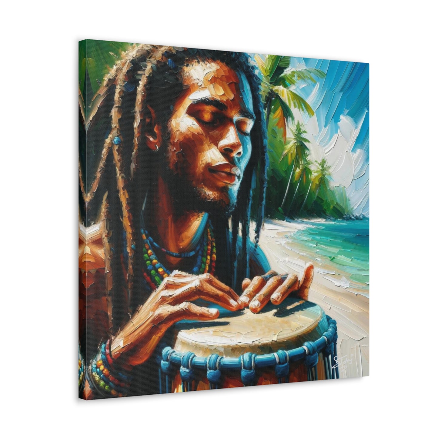 Art Print, Afro-Caribbean Man, "Drumming" Oil Finish, West Indian Ethnicity, Cultural, Heritage, Abstract, Canvas Gallery Wrap