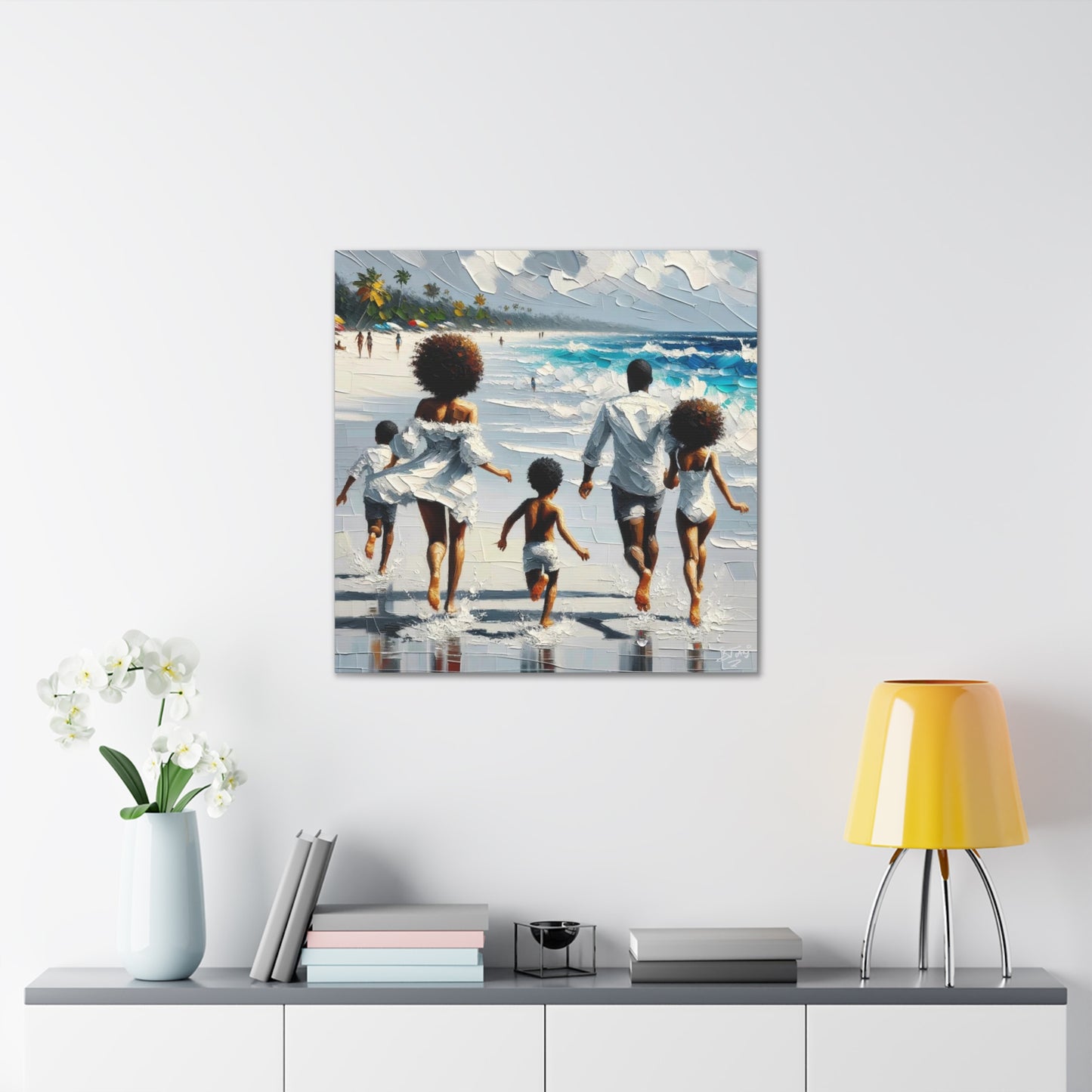 Art Print, Afro-Caribbean Family on the Beach, Oil Finish, West Indian Ethnicity, Cultural, Heritage, Semi-Abstract, Canvas Gallery Wrap