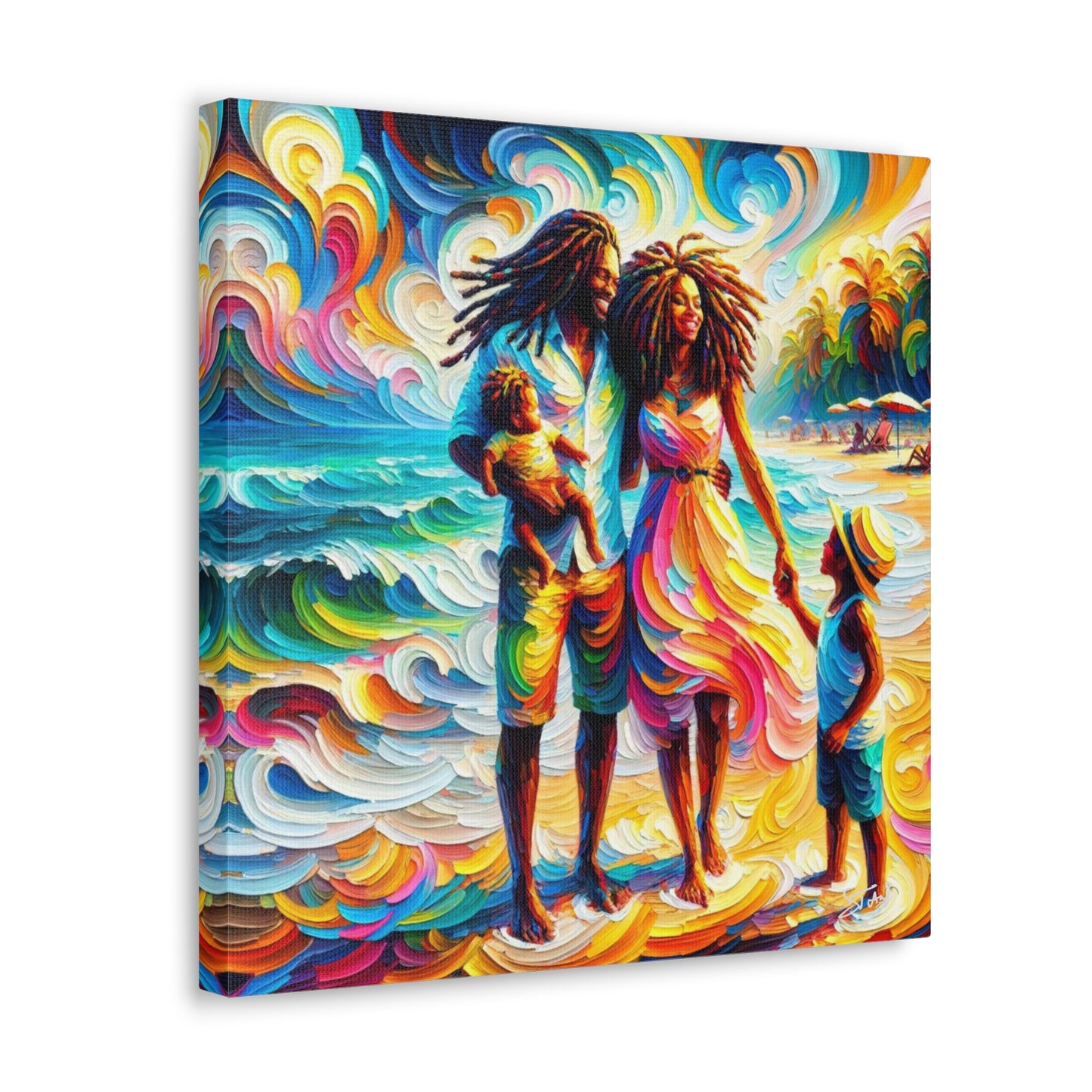 Art Print, Afro-Caribbean Family "Walking on the Beach," Oil Finish, West Indian Ethnicity, Cultural, Heritage, Semi-Abstract, Canvas Gallery Wrap