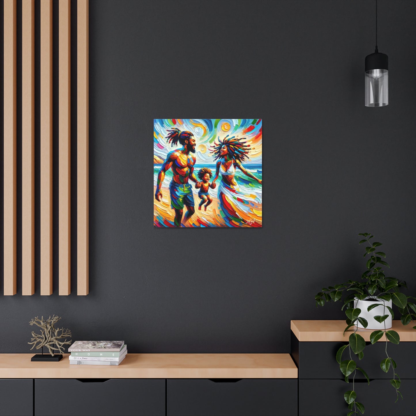 Art Print, Afro-Caribbean Family "Walking on the Beach," Oil Finish, West Indian Ethnicity, Cultural, Heritage, Semi-Abstract, Canvas Gallery Wrap