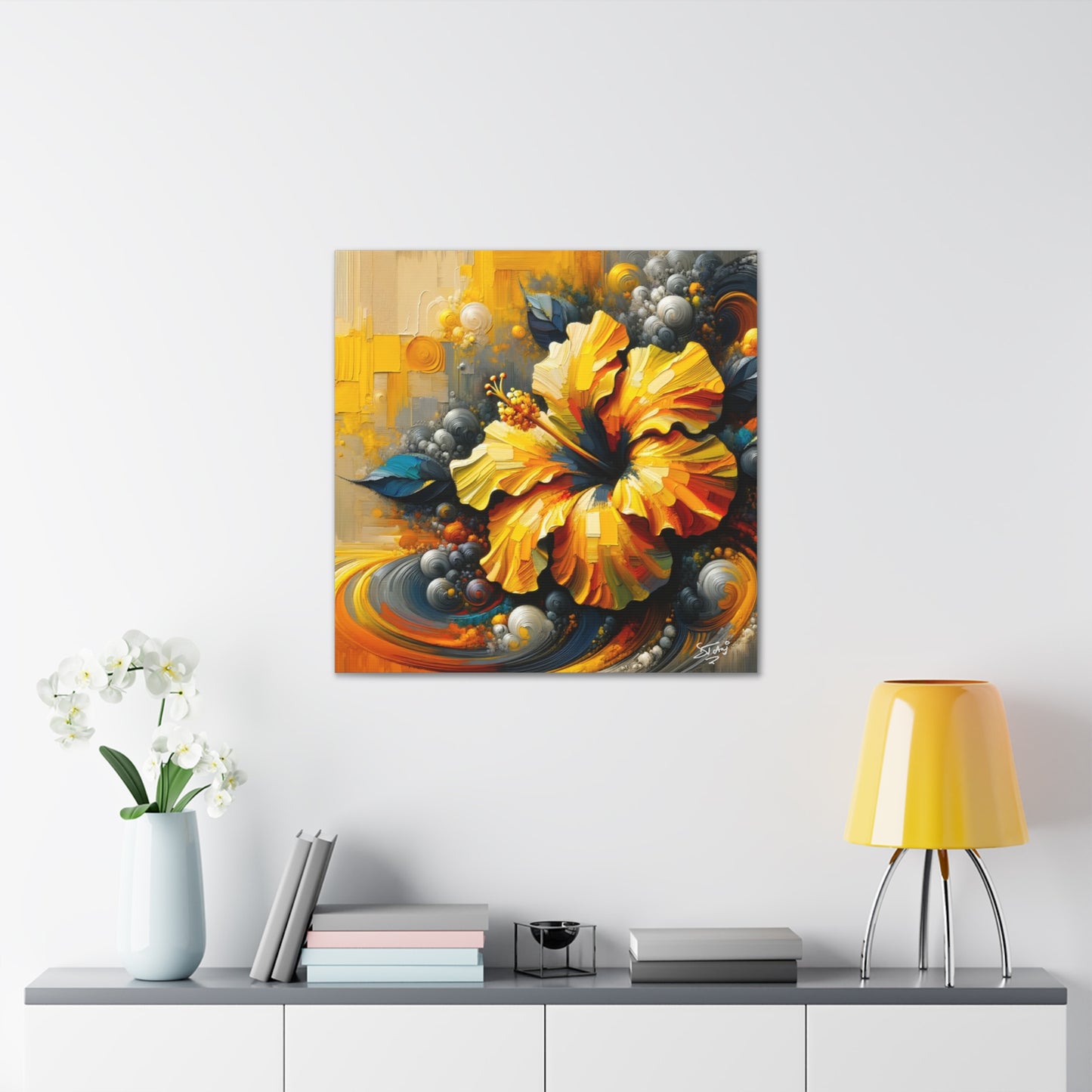 Oil Print#2 of a Yellow Hibiscus Flower, Close-up View, Semi-abstract, Caribbean, Vibrant Vivid Colors, Canvas Gallery Wraps