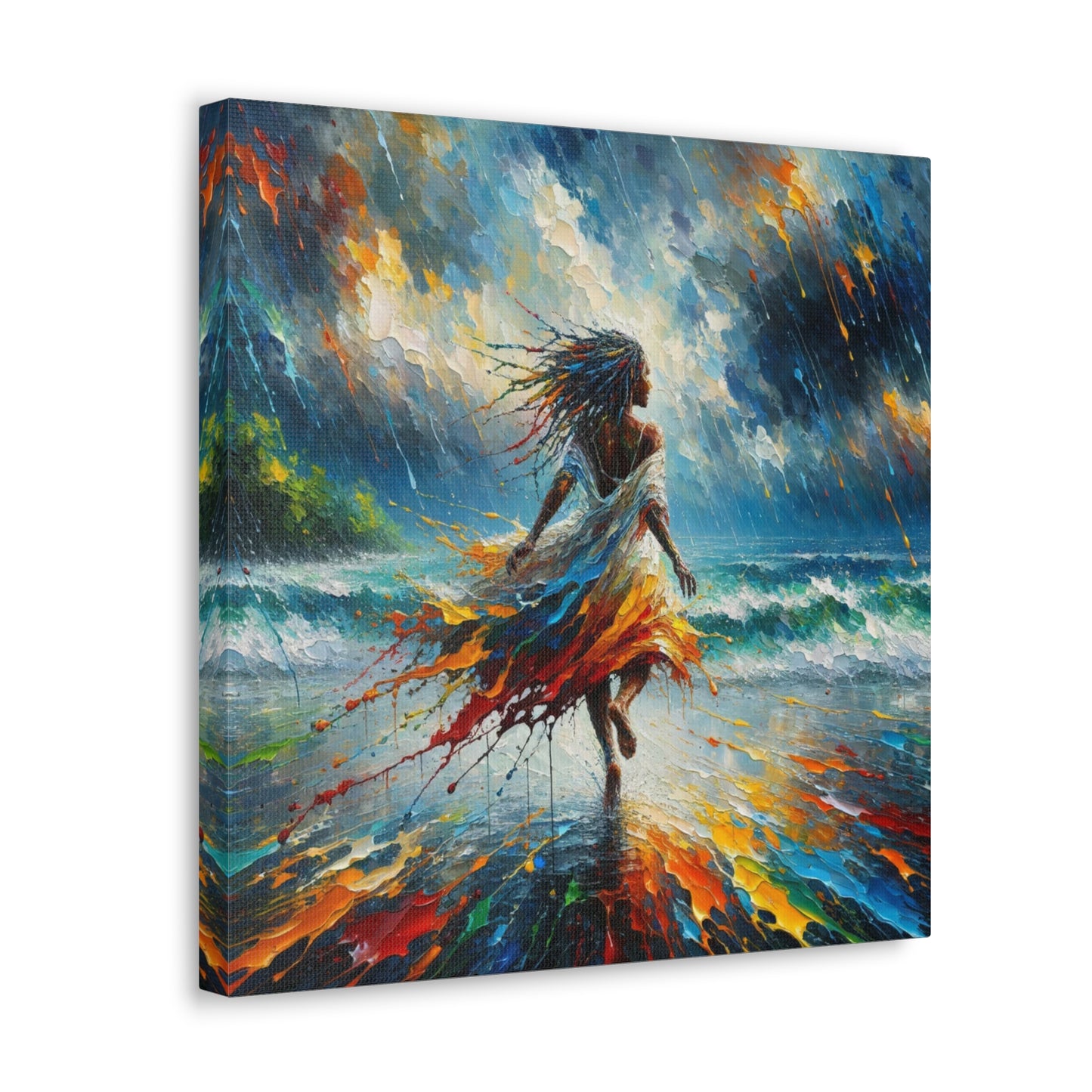 Art Print#4, East Indian Woman from Trinidad running into the Atlantic Ocean, Caribbean, Oil Finish, West Indian Art, Canvas Gallery Wraps