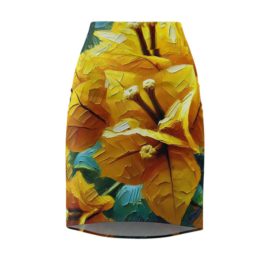 Women's Pencil Skirt (AOP) Yellow Bougainvillea Print