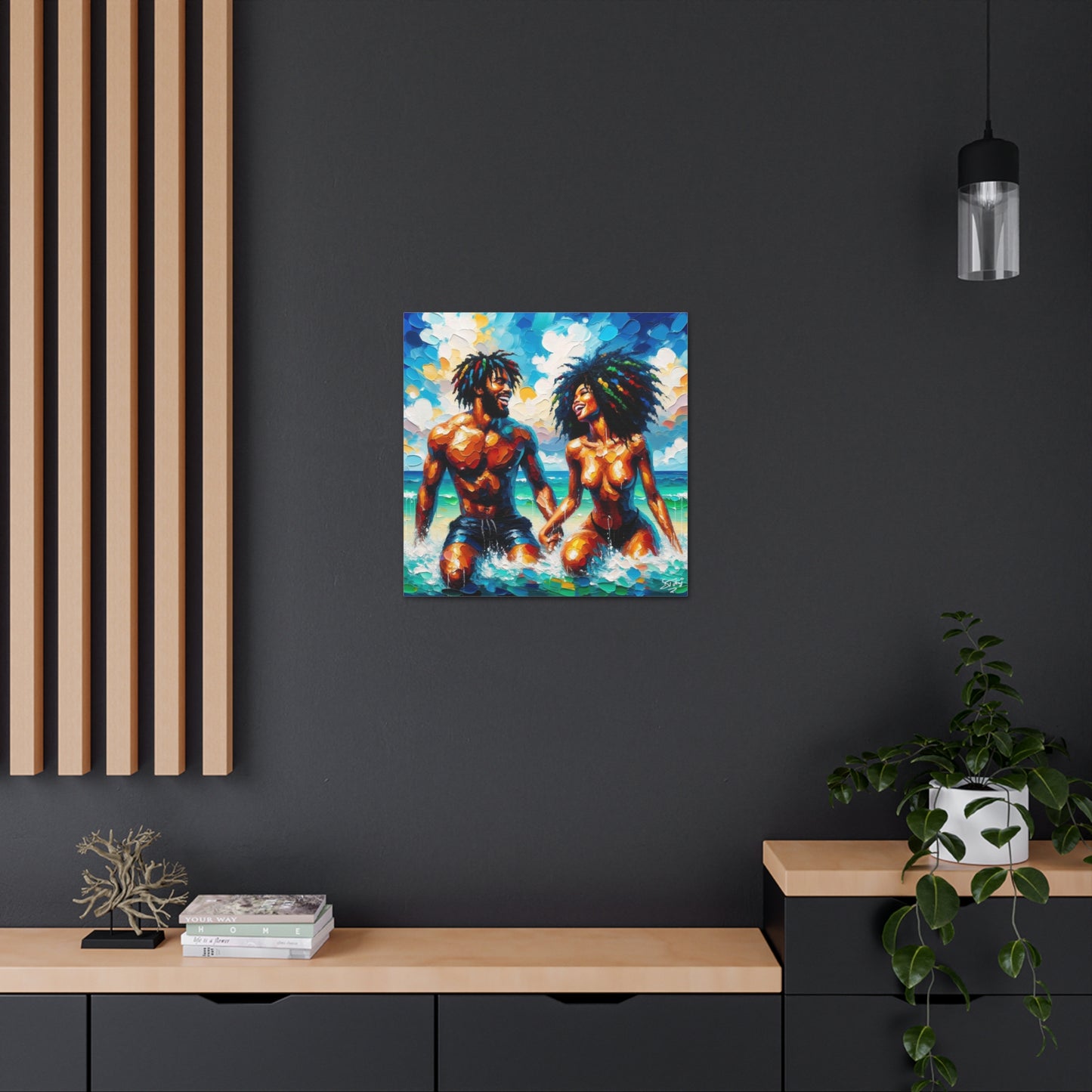 Art Print, Afro-Caribbean Couple in the Ocean, Oil Finish, West Indian Ethnicity, Cultural, Heritage, Semi-Abstract, Canvas Gallery Wrap