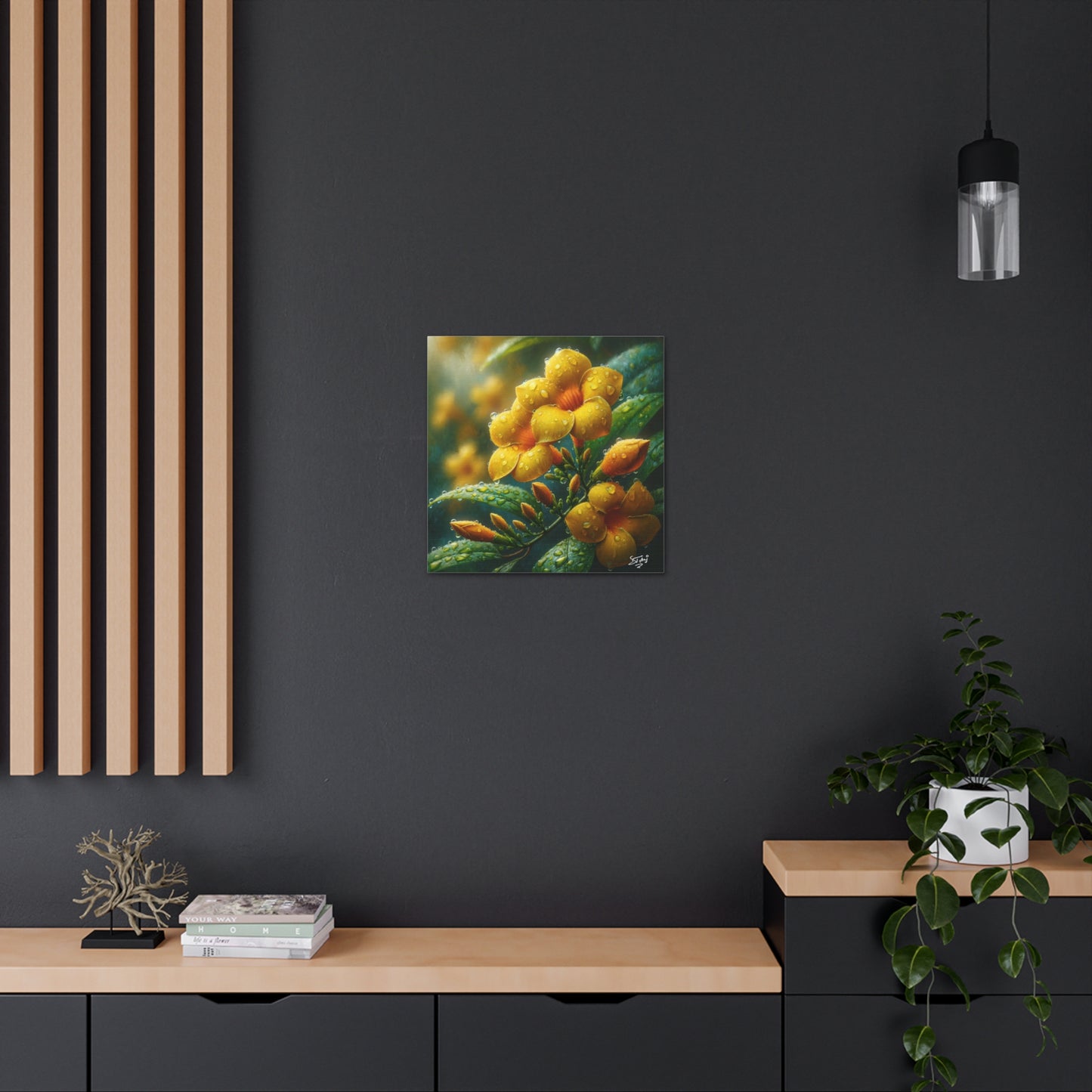 Print#2 of Yellow Allamanda Flowers in the Rain, Oil Paint Finish, Caribbean, Tropical, Canvas Gallery Wraps