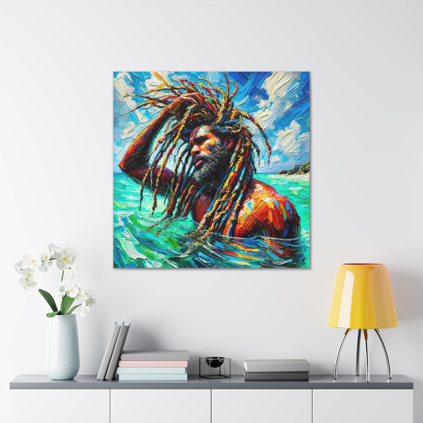 Art Print, Afro-Caribbean Man, "Sea Bath" Abstract, Semi-Abstract Oil Finish, West Indian Ethnicity, Cultural, Heritage, Abstract, Canvas Gallery Wrap