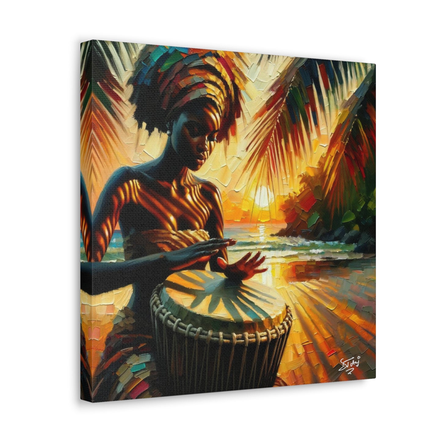 Art Print, Afro-Caribbean Woman, "Drumming" Oil Finish, West Indian Ethnicity, Cultural, Heritage, Abstract, Canvas Gallery Wrap