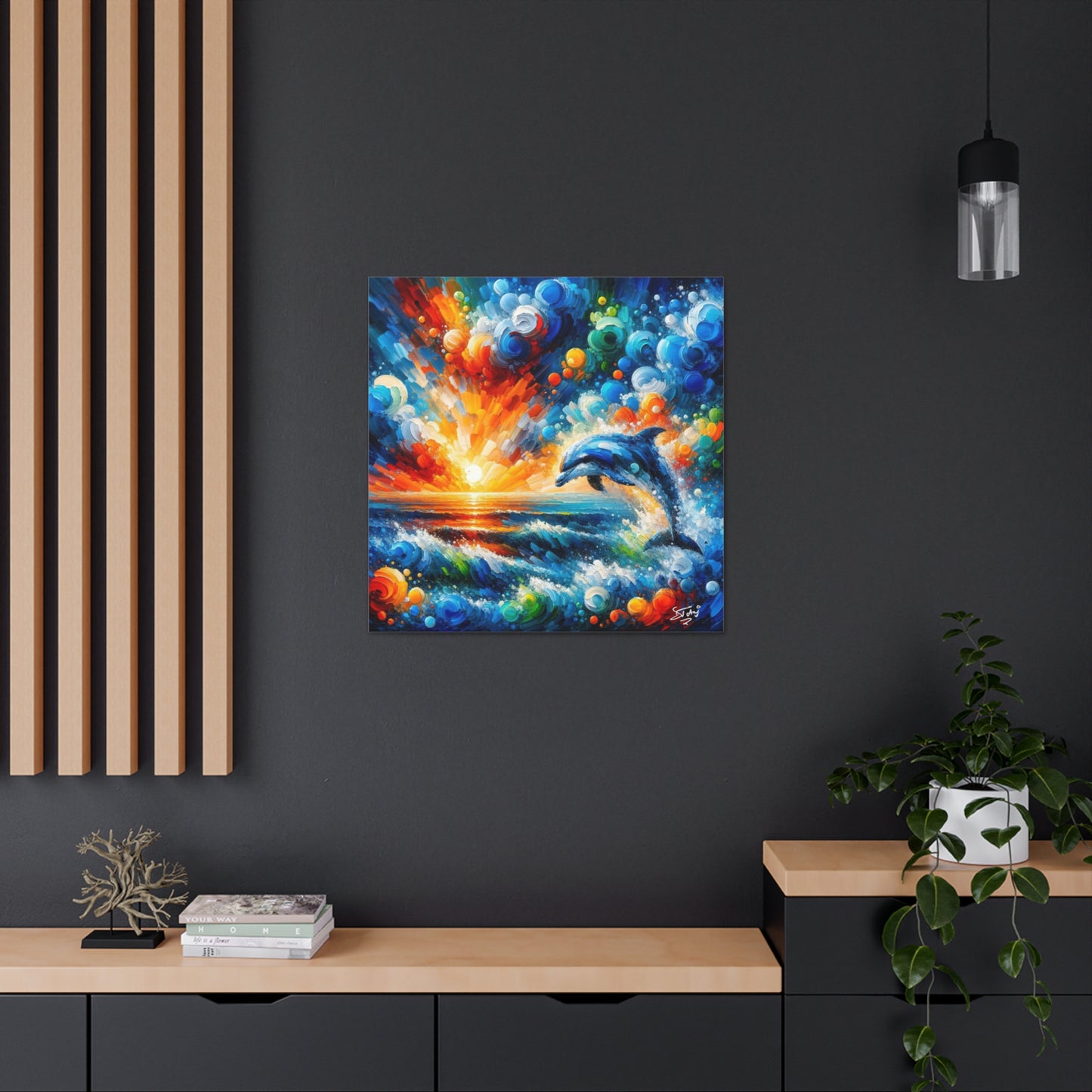 Art Print, Dolphin at Sunset, Abstract Oil Finish, Caribbean Nature, Canvas Gallery Wrap