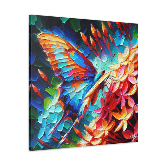 Art Print, Butterfly on Ixoras, Oil Finish, Caribbean Nature, Cultural, Heritage, Semi-Abstract, Canvas Gallery Wrap