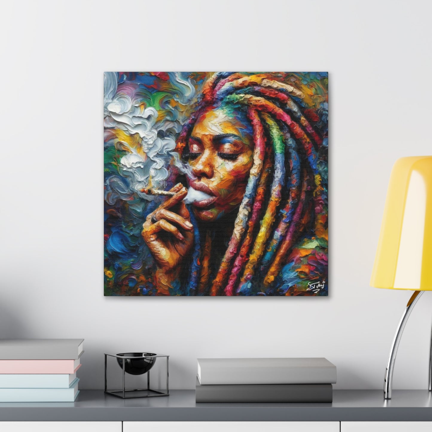 Art Print of Rasta-Woman Smoking, Oil Finish, West Indian Ethnicity, Cultural, Heritage, Afro-Caribbean Man, Semi-Abstract, Canvas Gallery Wrap