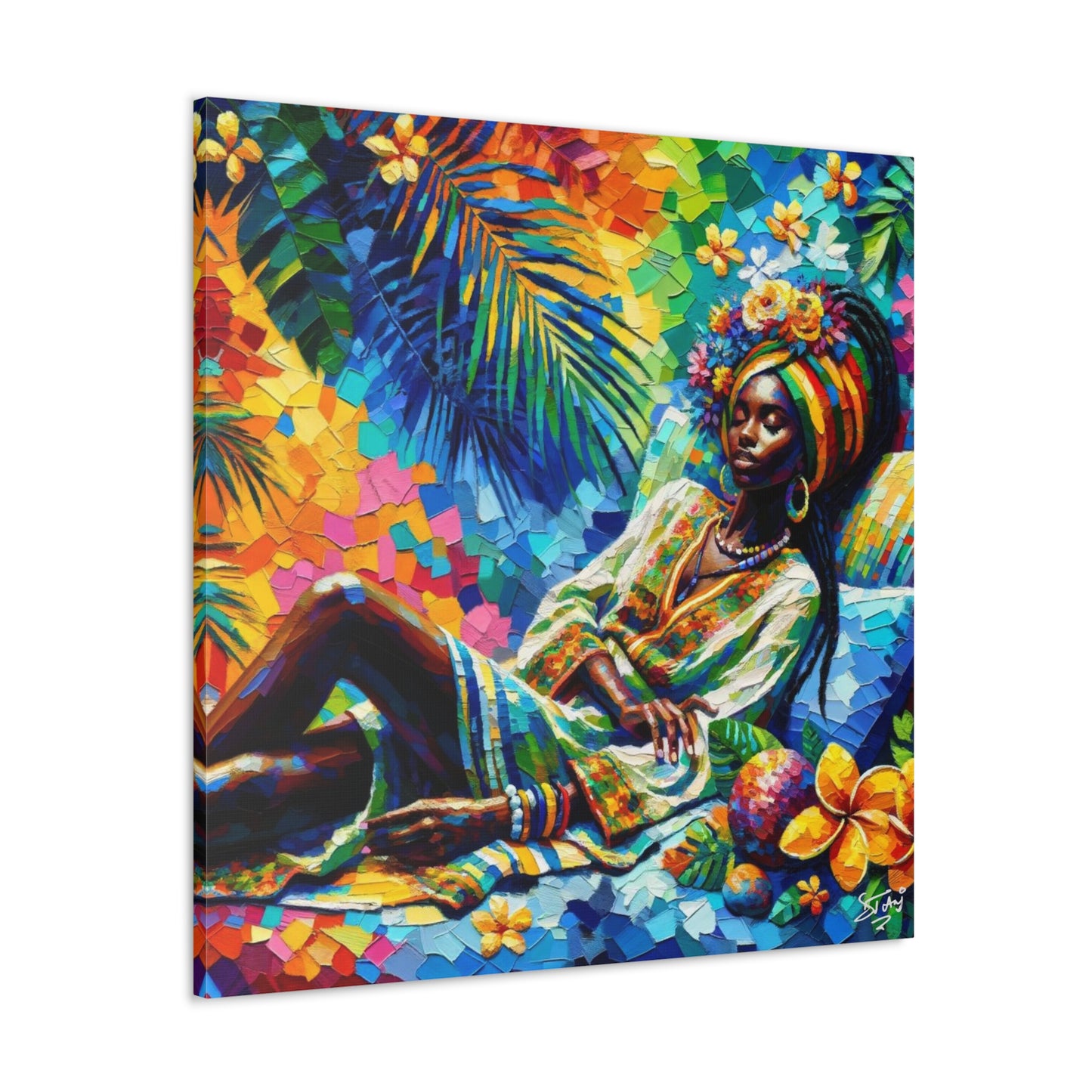 Art Print, Afro-Caribbean Woman, "Taking a Siesta" Oil Finish, West Indian Ethnicity, Cultural, Heritage, Abstract, Canvas Gallery Wrap