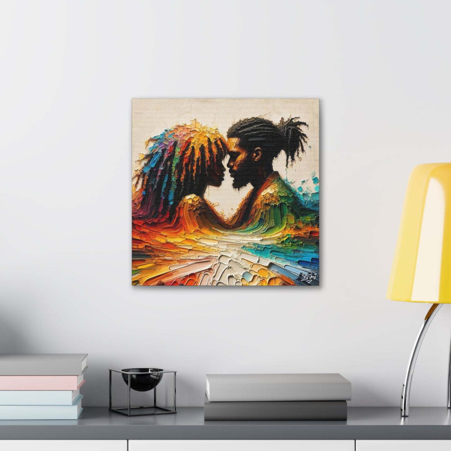 Art Print, Afro-Caribbean Couple in Love (2), Oil Finish, West Indian Ethnicity, Cultural, Heritage, Semi-Abstract, Canvas Gallery Wrap