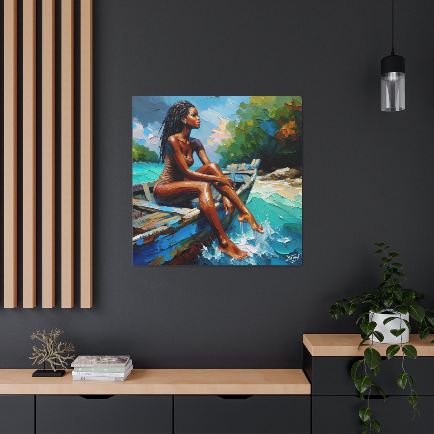 Art Print, Afro-Caribbean Woman "Chilling in the Boat (3)" Oil Finish, West Indian Ethnicity, Cultural, Heritage, Semi-Abstract, Canvas Gallery Wrap