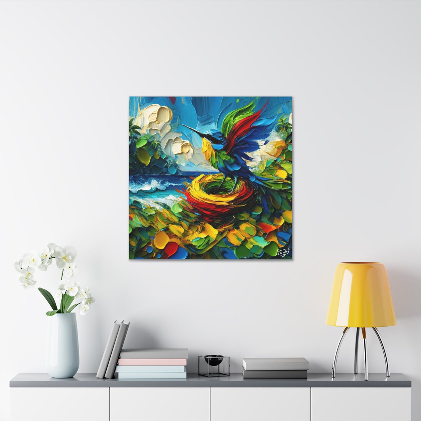 Art Print, Hummingbird, Oil Finish, Caribbean Nature, Cultural, Heritage, Semi-Abstract, Canvas Gallery Wrap