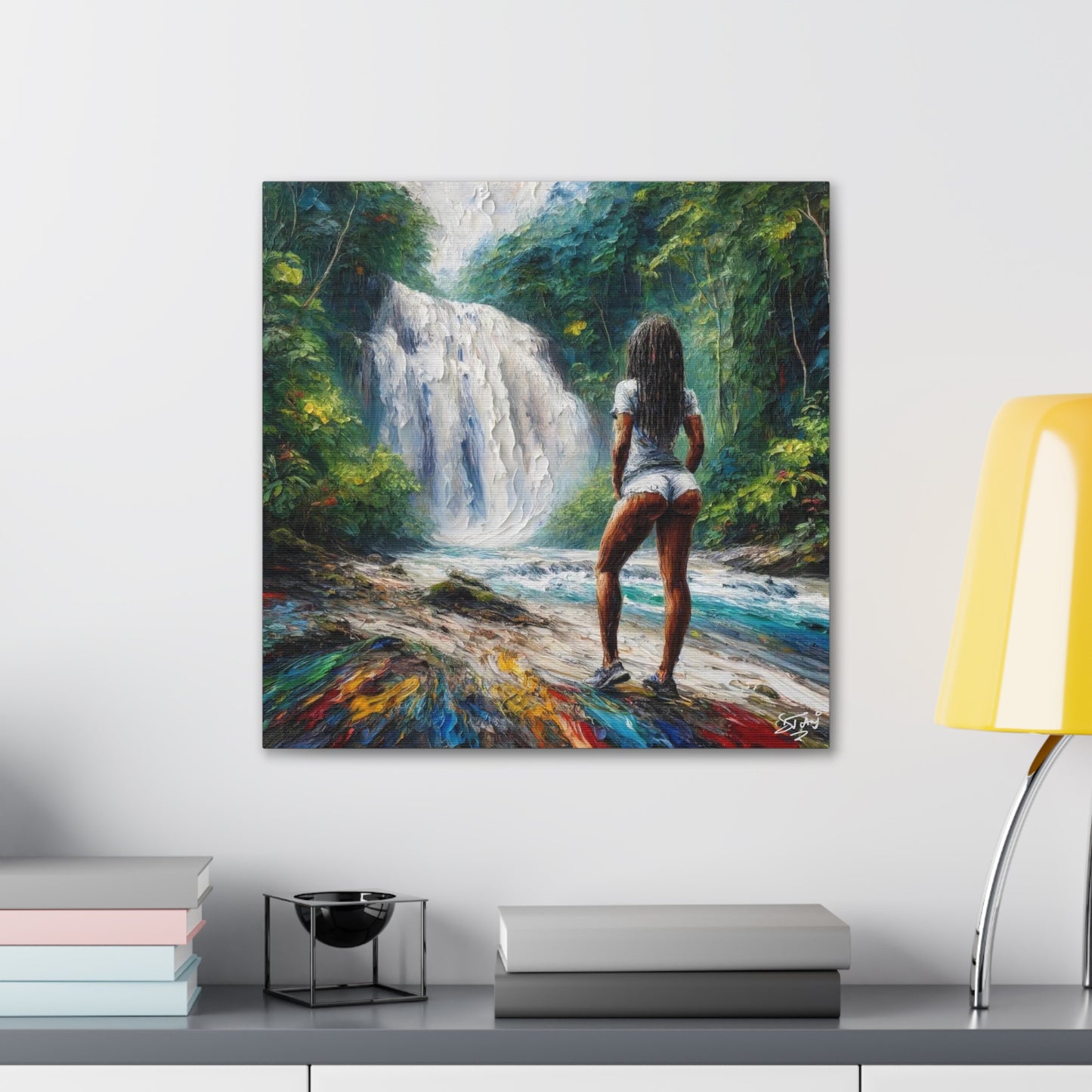 Art Print, Dougla Woman "Chilling at the Waterfall" Oil Finish, West Indian Ethnicity, Cultural, Heritage, Semi-Abstract, Canvas Gallery Wrap