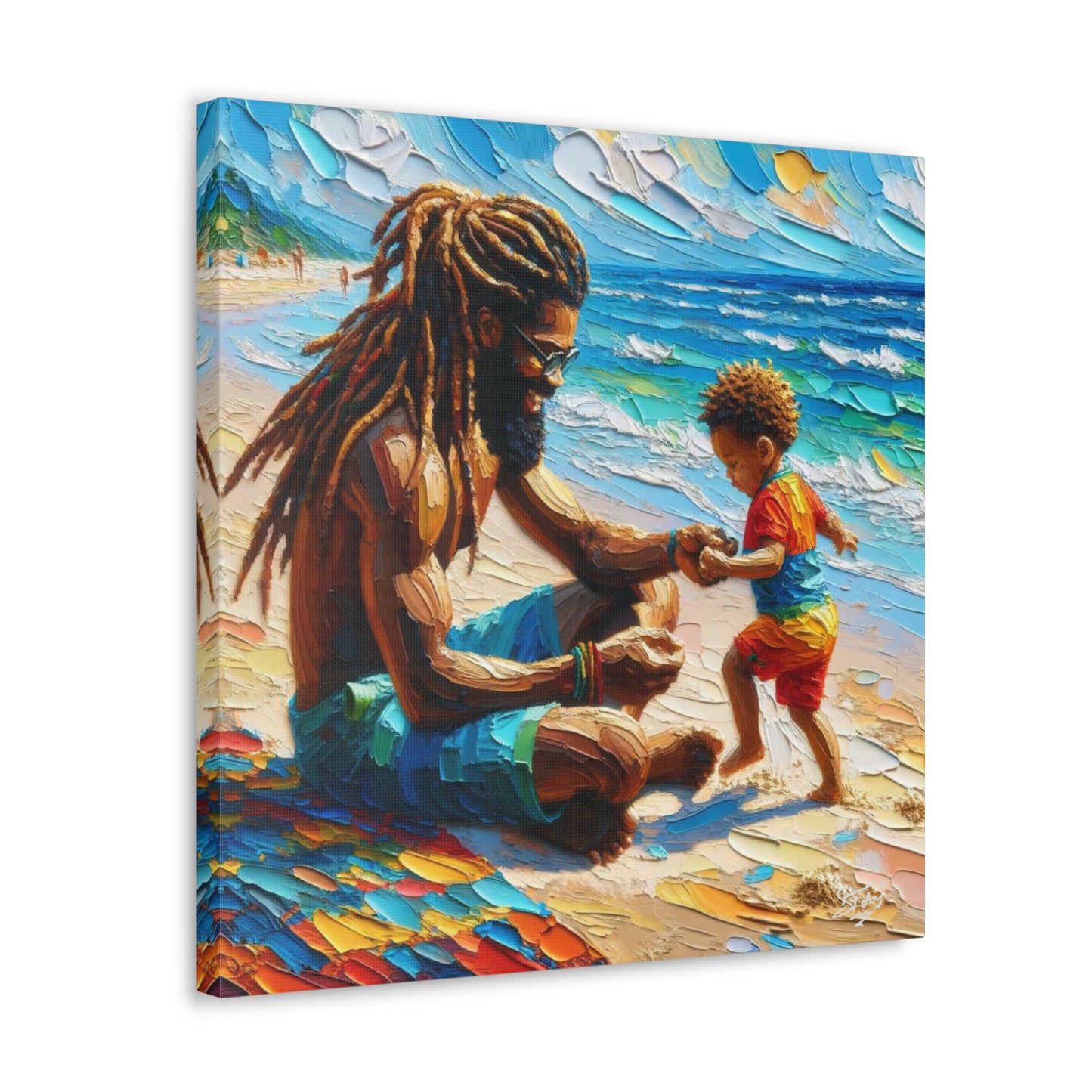 Art Print, Afro-Caribbean Father & Son "Sitting on the Beach," Oil Finish, West Indian Ethnicity, Cultural, Heritage, Semi-Abstract, Canvas Gallery Wrap