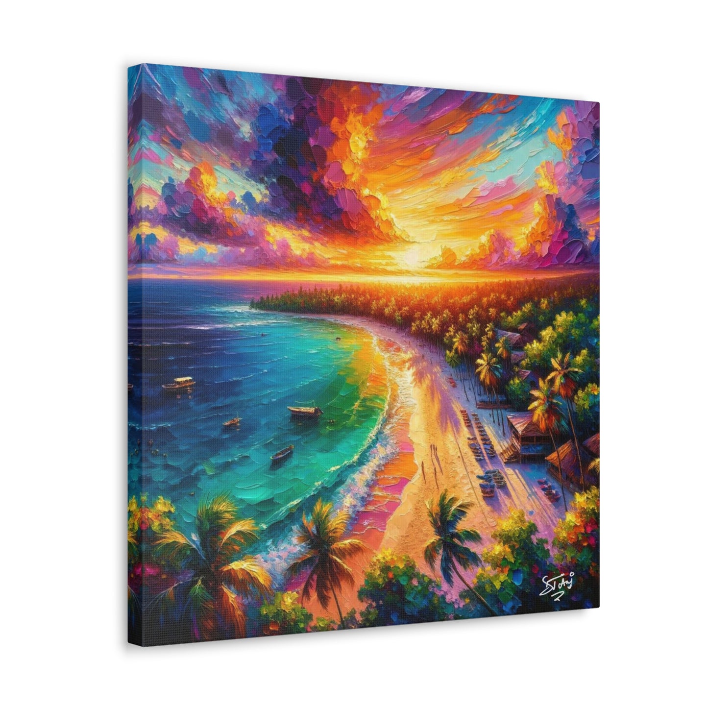 Art Print of Caribbean Beach Sunset Scene, Oil Painting, West Indian Art, Canvas Gallery Wraps