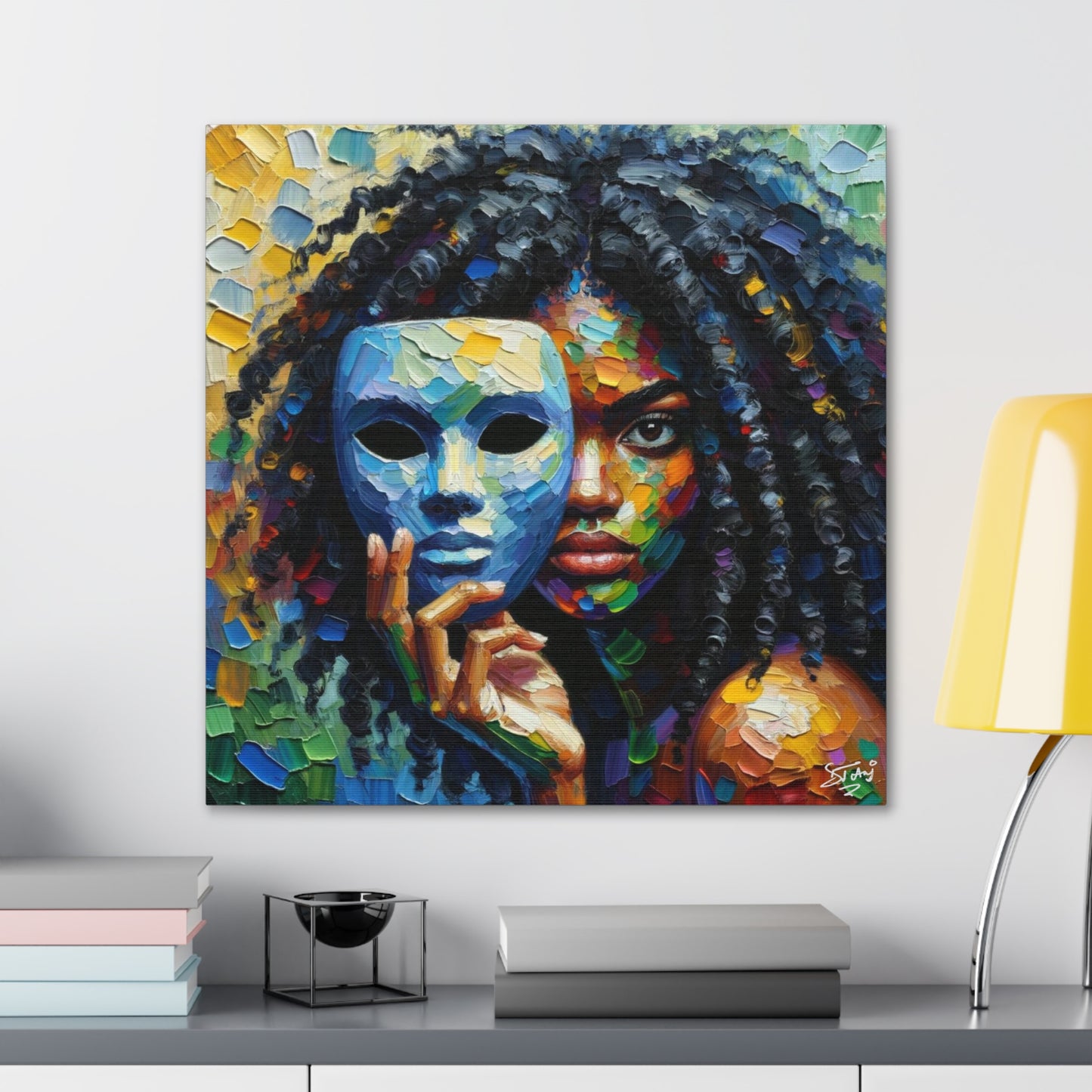 Art Print, Afro-Caribbean Woman Behind Mask, Oil Finish, West Indian Ethnicity, Cultural, Heritage, Semi-Abstract, Canvas Gallery Wrap