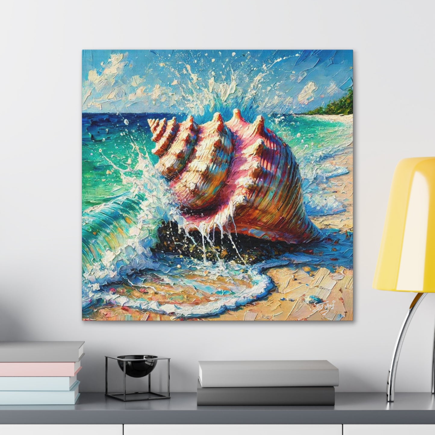 Art Print, Seashell, Caribbean Beach Scene, Abstract, Oil Painting, West Indian Art, Canvas Gallery Wraps