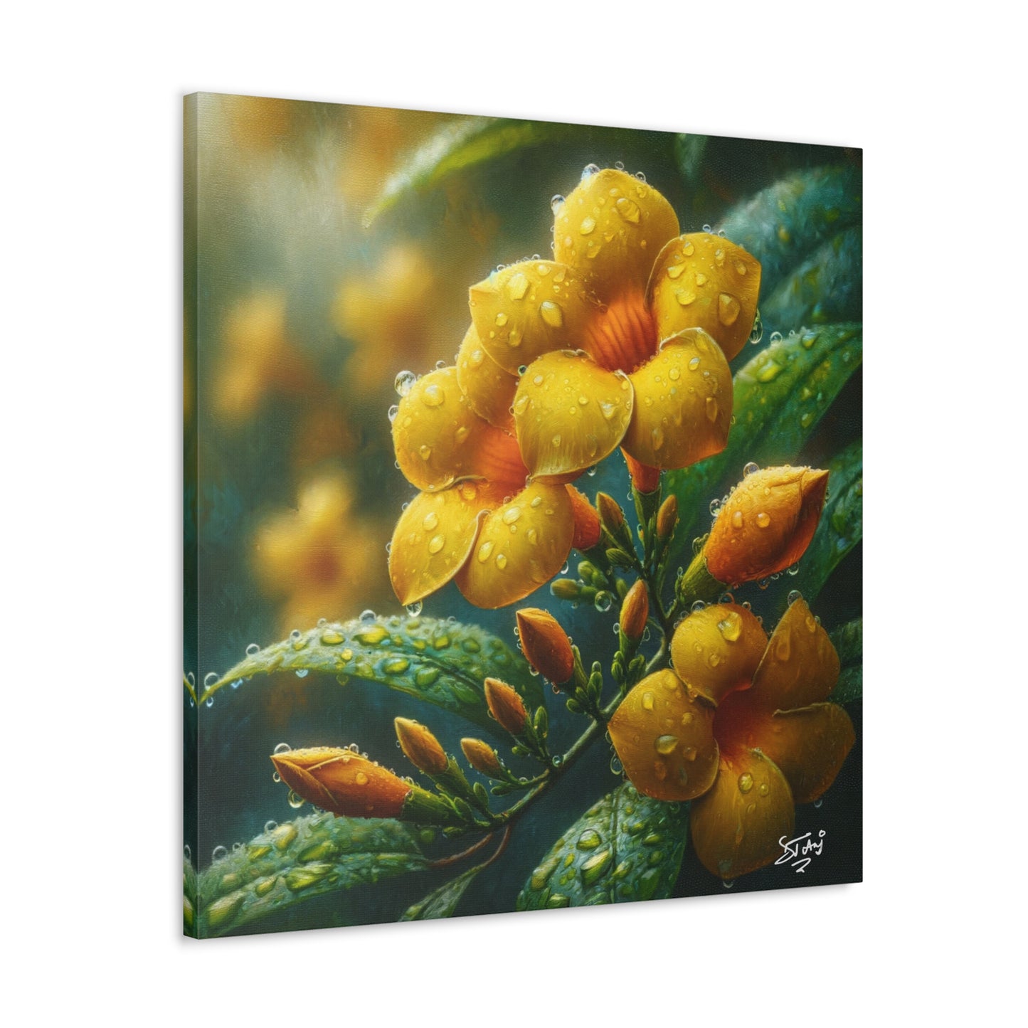 Print#2 of Yellow Allamanda Flowers in the Rain, Oil Paint Finish, Caribbean, Tropical, Canvas Gallery Wraps