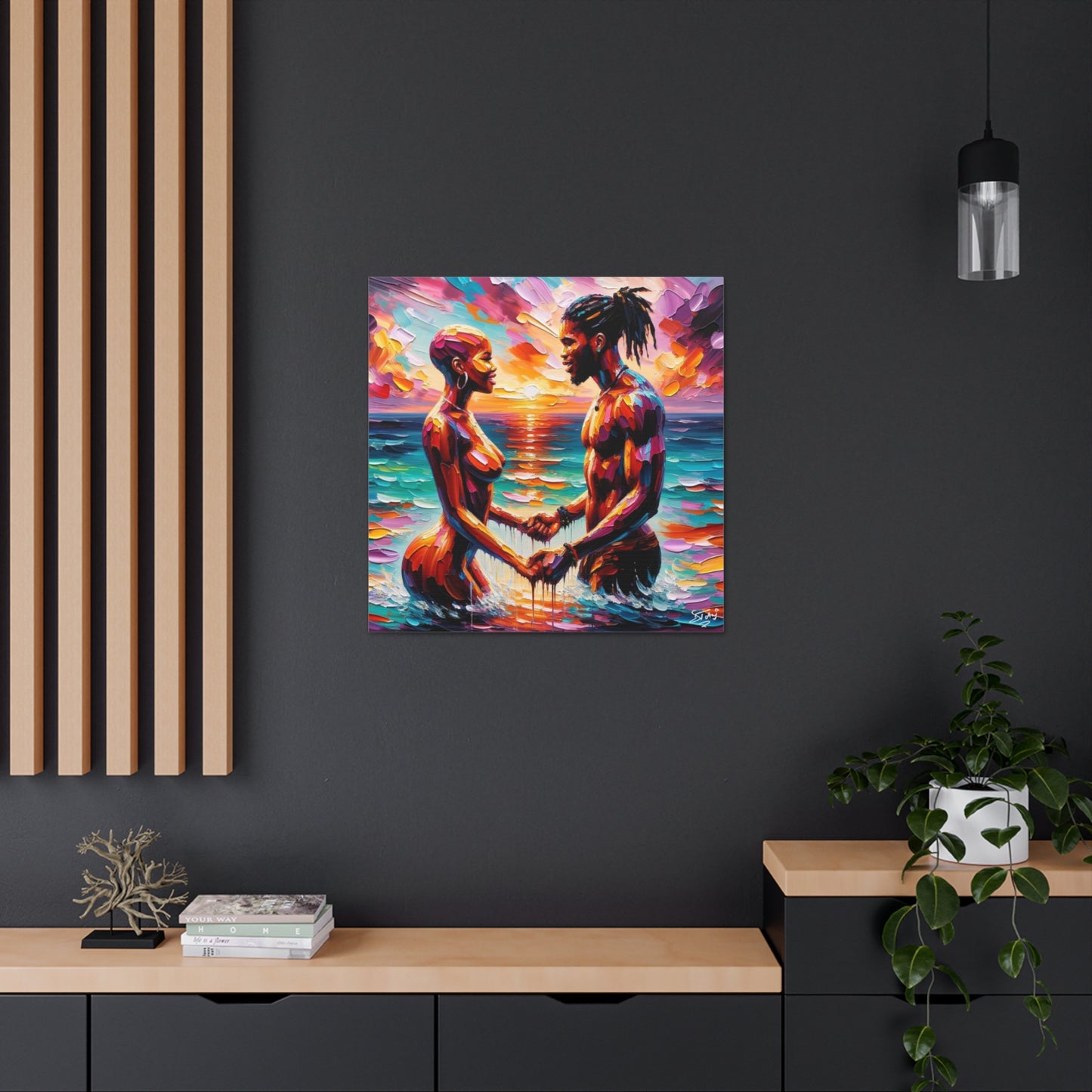 Art Print, Afro-Caribbean Couple "Skinny Dipping," Oil Finish, West Indian Ethnicity, Cultural, Heritage, Semi-Abstract, Canvas Gallery Wrap