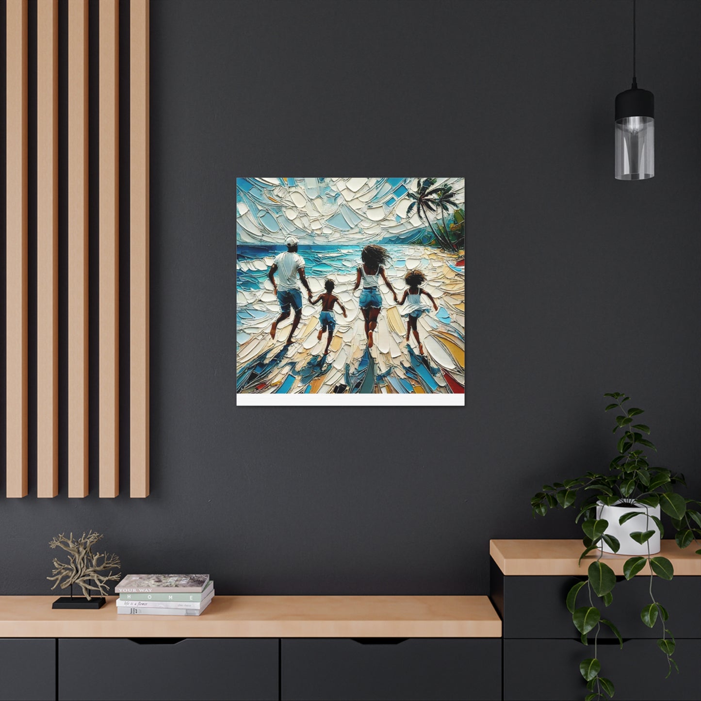 Art Print, Afro-Caribbean Family "Running on the Beach," Oil Finish, West Indian Ethnicity, Cultural, Heritage, Semi-Abstract, Canvas Gallery Wrap