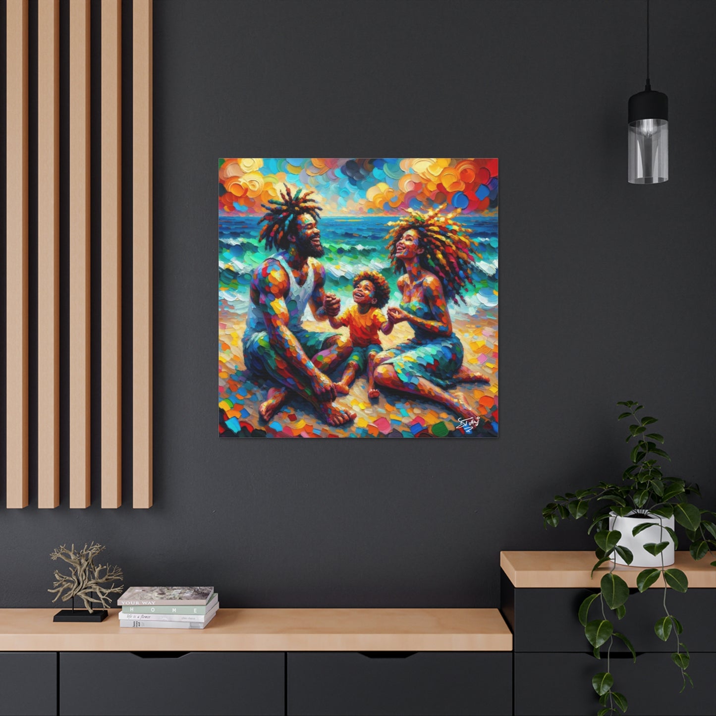 Art Print, Afro-Caribbean Family "Sitting on the Beach," Oil Finish, West Indian Ethnicity, Cultural, Heritage, Semi-Abstract, Canvas Gallery Wrap