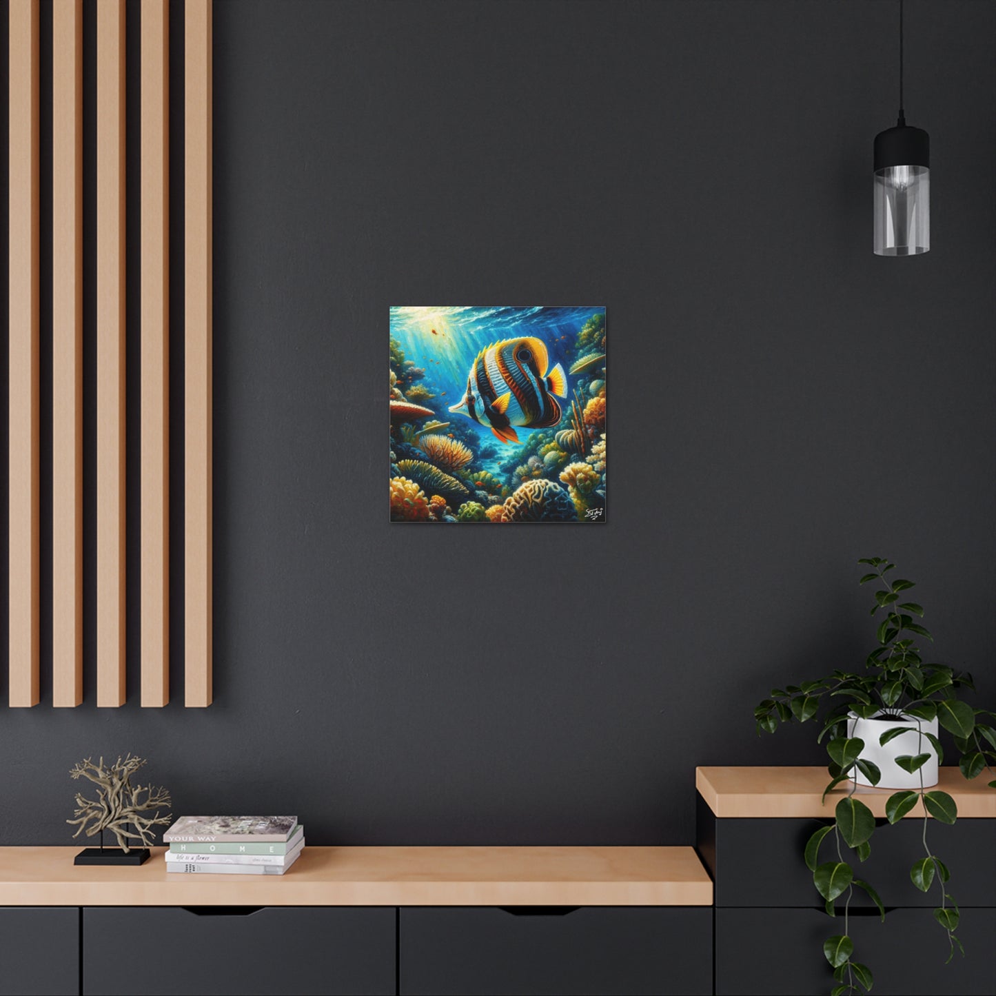 Art Print, Banded Butterflyfish in Coral Reef, Oil Finish, Caribbean Nature, Semi-Abstract, Canvas Gallery Wrap