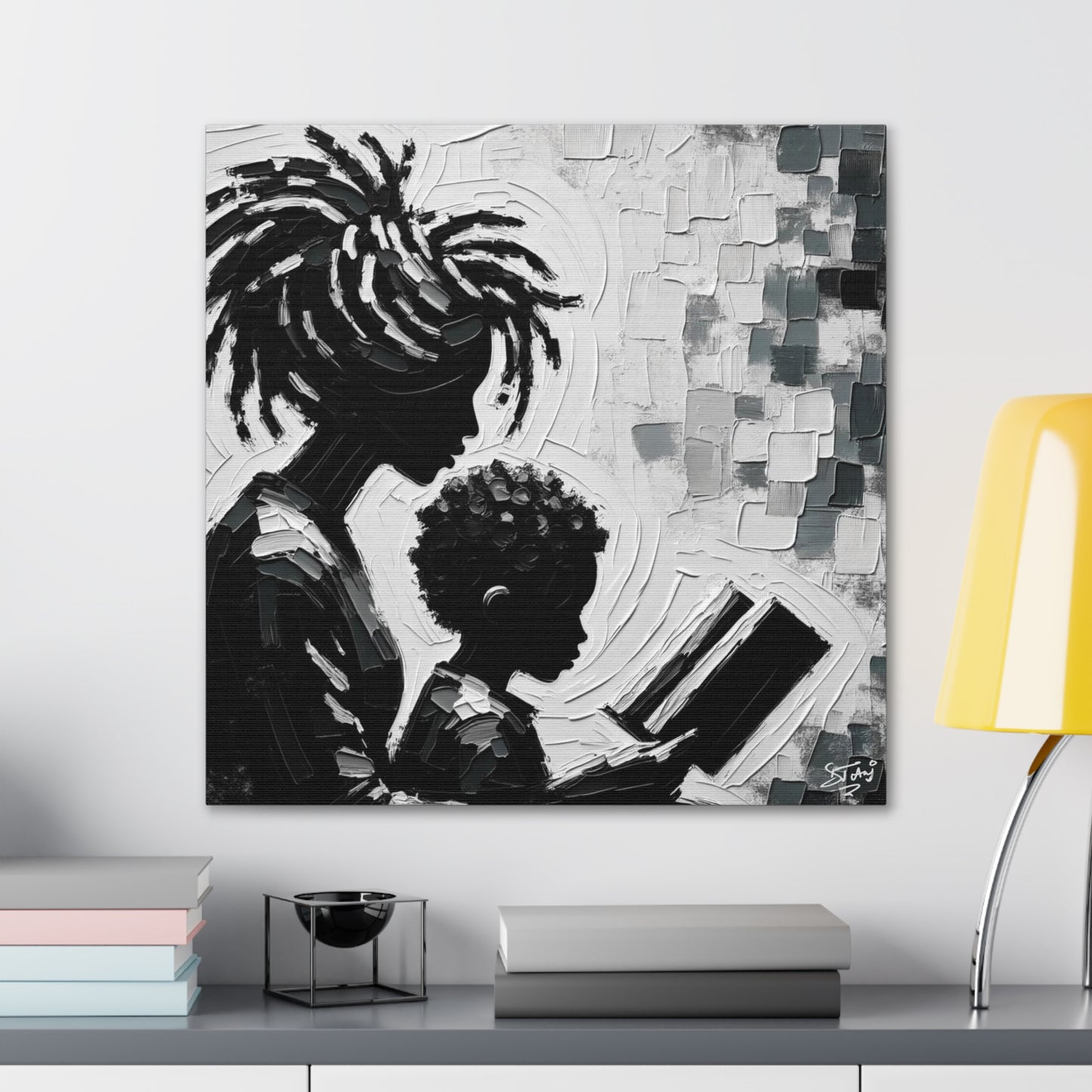 Art Print, Afro-Caribbean Mother & Son (2), Oil Finish, West Indian Ethnicity, Cultural, Heritage, Semi-Abstract, Canvas Gallery Wrap