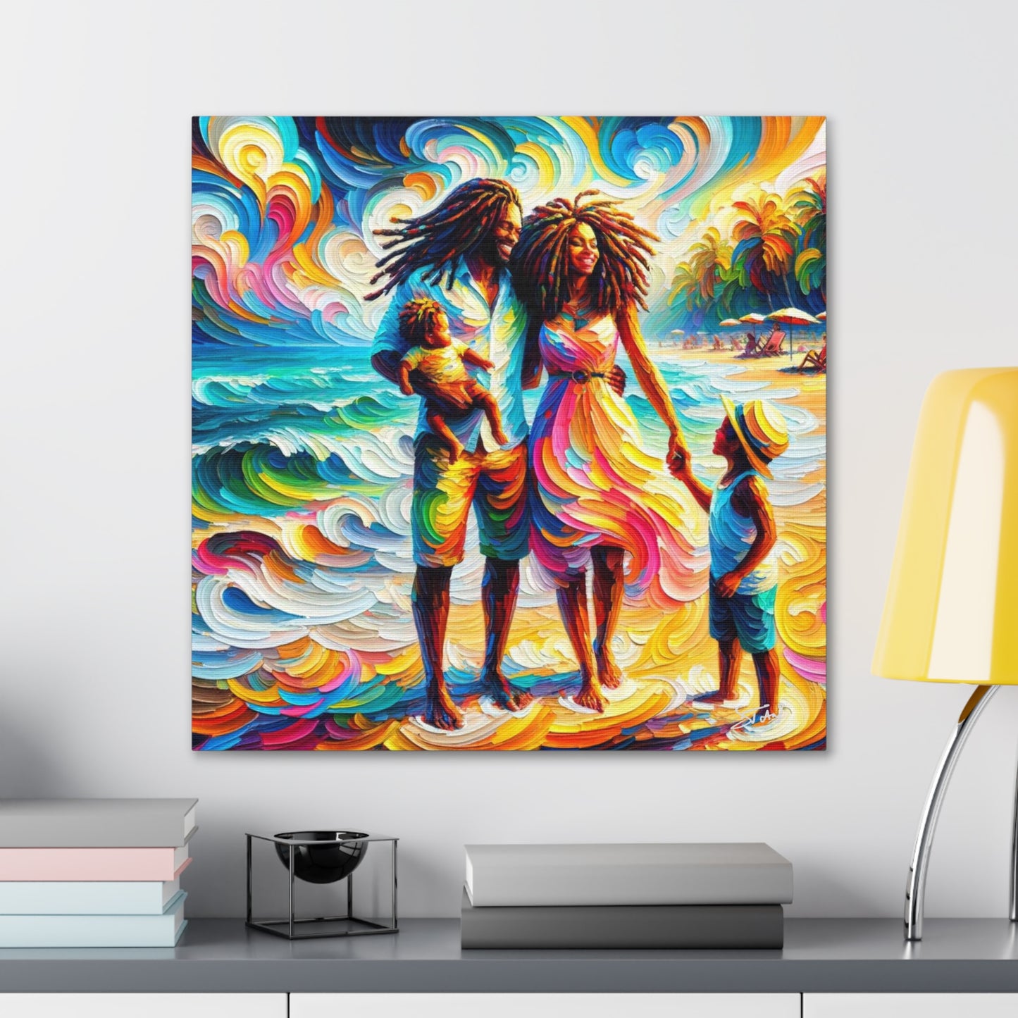 Art Print, Afro-Caribbean Family "Walking on the Beach," Oil Finish, West Indian Ethnicity, Cultural, Heritage, Semi-Abstract, Canvas Gallery Wrap