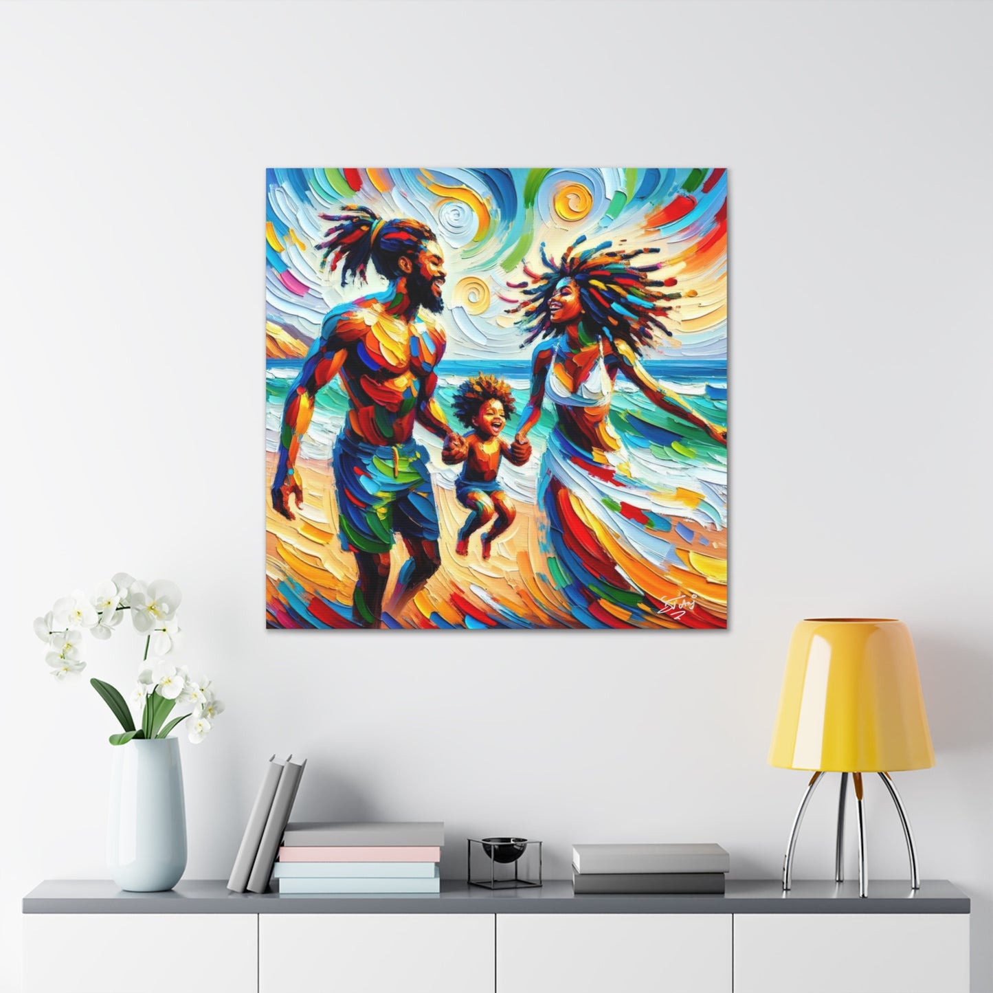 Art Print, Afro-Caribbean Family "Walking on the Beach," Oil Finish, West Indian Ethnicity, Cultural, Heritage, Semi-Abstract, Canvas Gallery Wrap