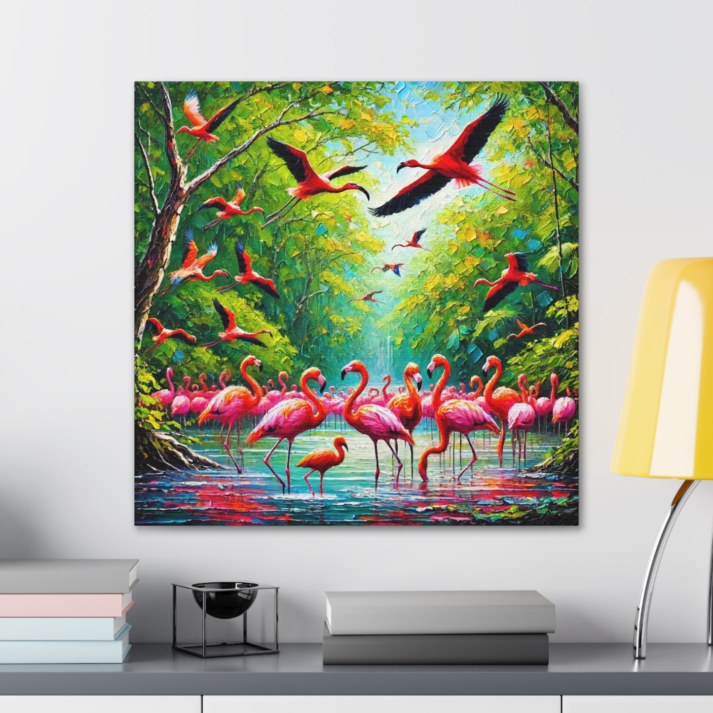 Art Print, Scarlet Ibises & Flamingos in Their Natural Mangrove Habitat in Trinidad and Tobago, Caribbean, West Indian Art, Canvas Gallery Wraps