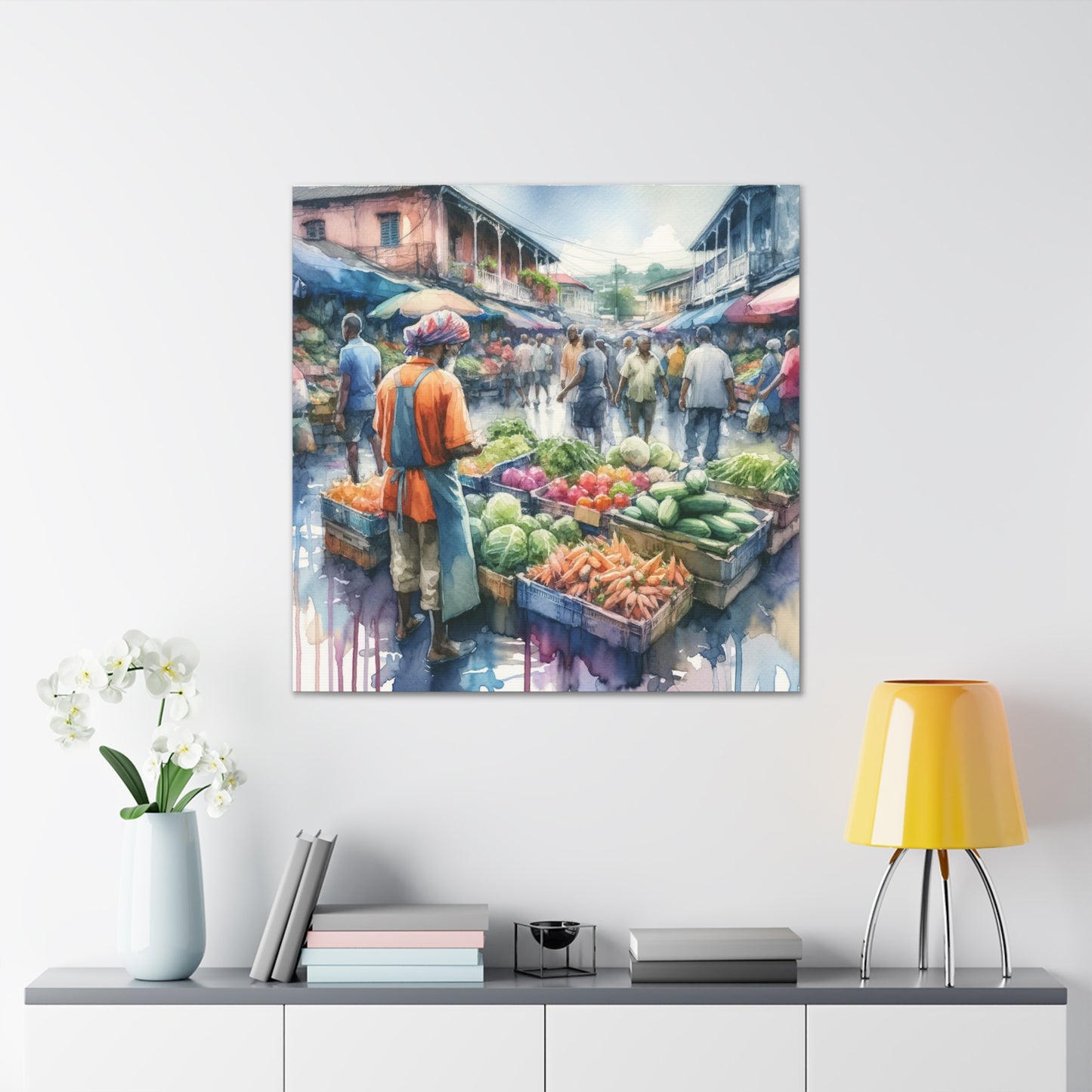 Art Print#2, "Selling at the Market", Market Scene in Trinidad, Caribbean, Watercolor Finish, West Indian Art, Canvas Gallery Wraps