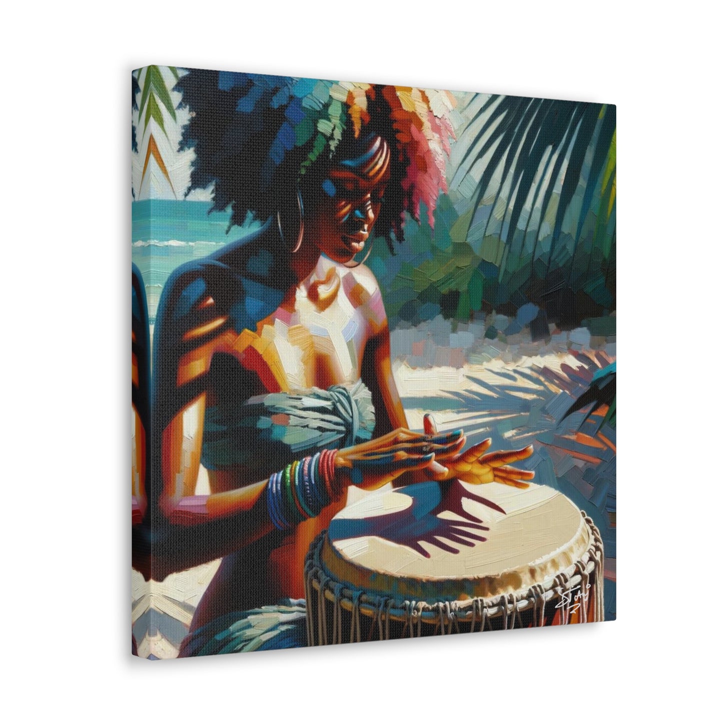 Art Print, Afro-Caribbean Woman, "Drumming" Oil Finish, West Indian Ethnicity, Cultural, Heritage, Abstract, Canvas Gallery Wrap