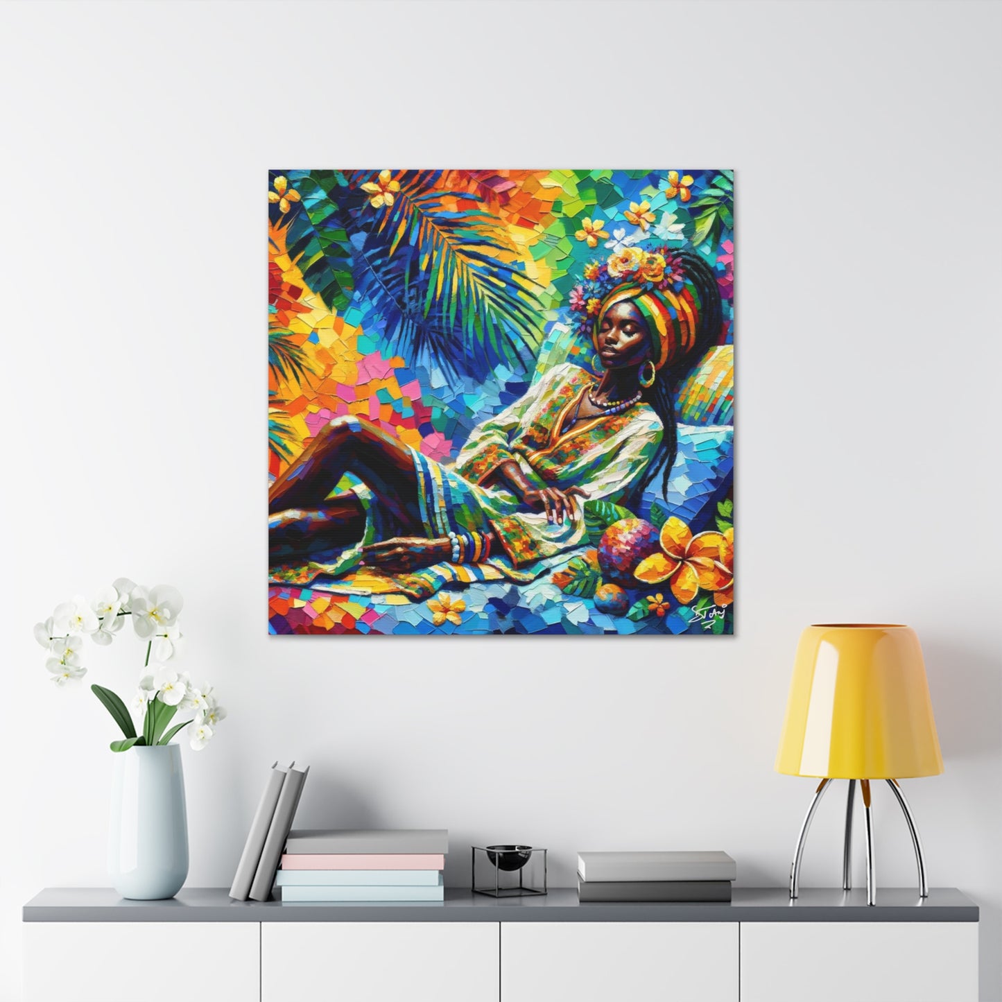 Art Print, Afro-Caribbean Woman, "Taking a Siesta" Oil Finish, West Indian Ethnicity, Cultural, Heritage, Abstract, Canvas Gallery Wrap